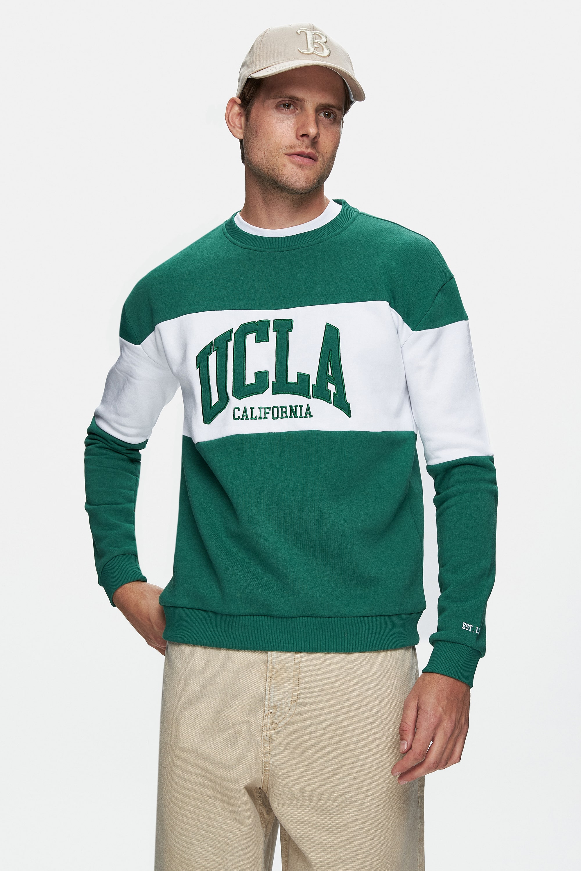 ARCHER Yeşil Bisiklet Yaka Nakışlı Şardonlu Loose Fit Erkek Sweatshirt