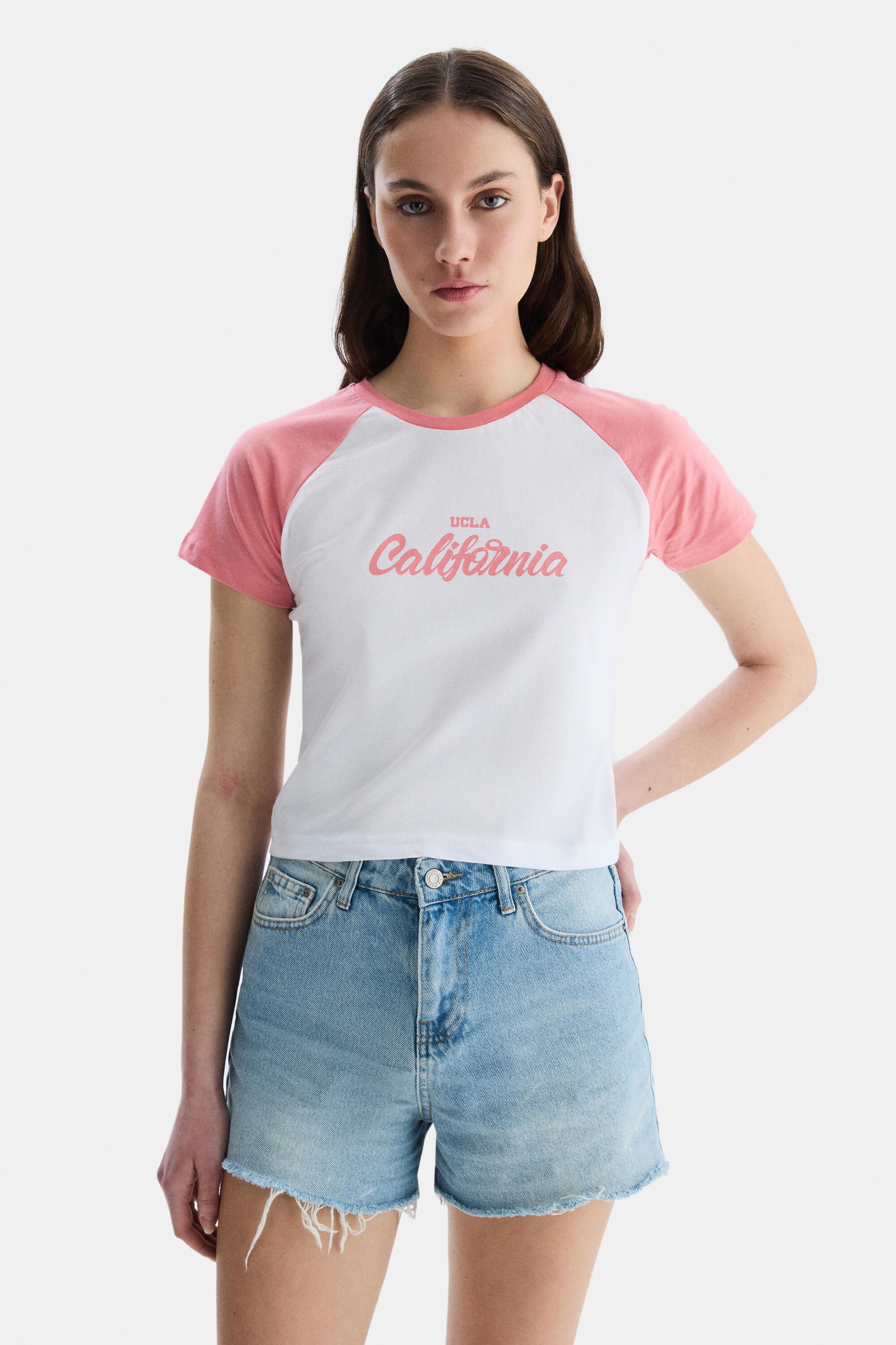 CAROLINA Pembe Bisiklet Yaka Baskılı Standard Fit Kadın Tshirt