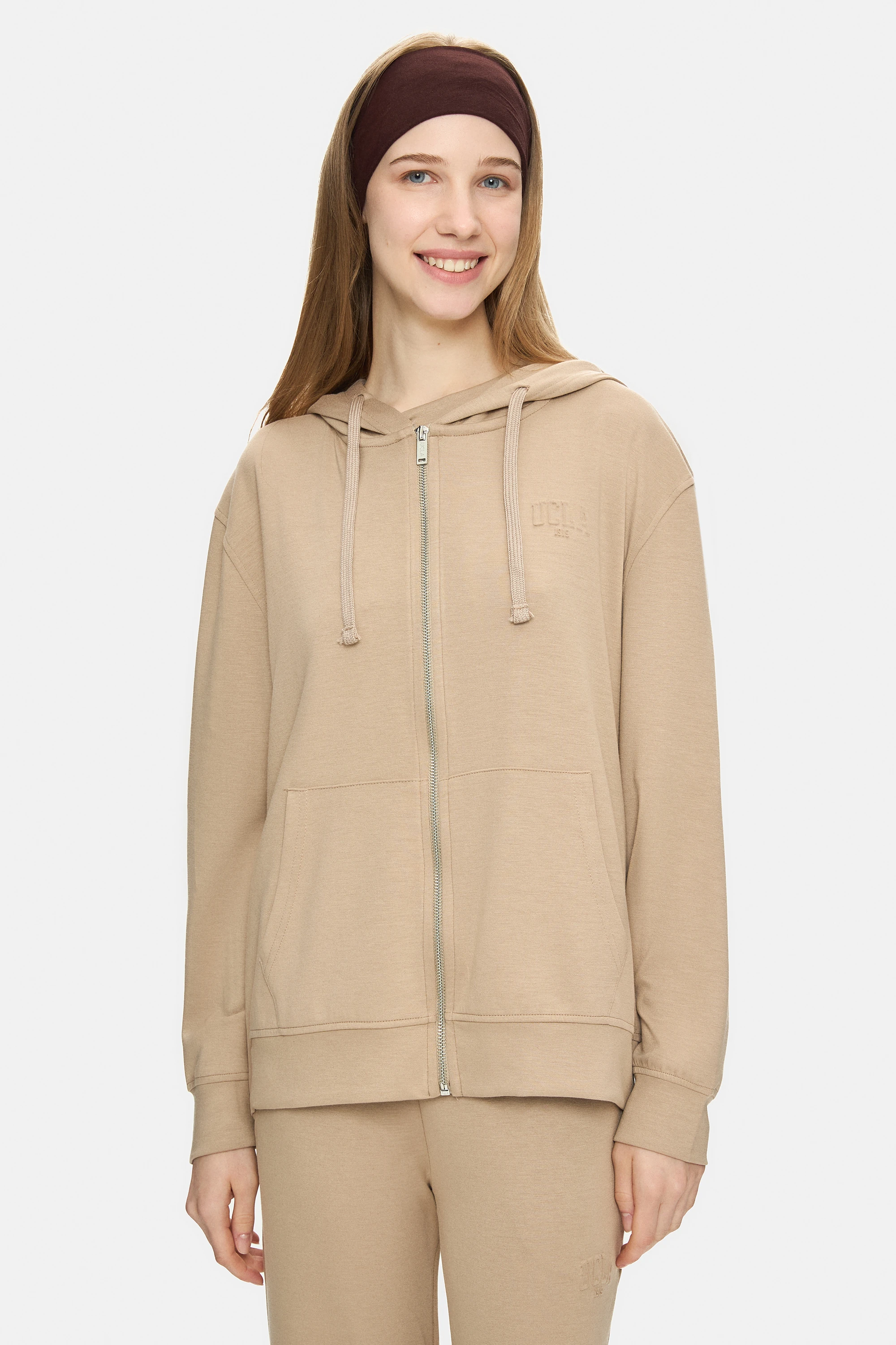 ALLURA Koyu Bej Kapüşonlu Gofre Baskı Loose Fit Kadın Sweatshirt