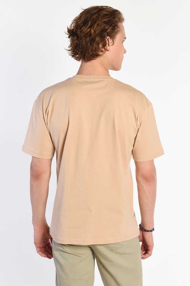 BREA Bej Bisiklet Yaka Baskılı Oversize  Erkek Tshirt