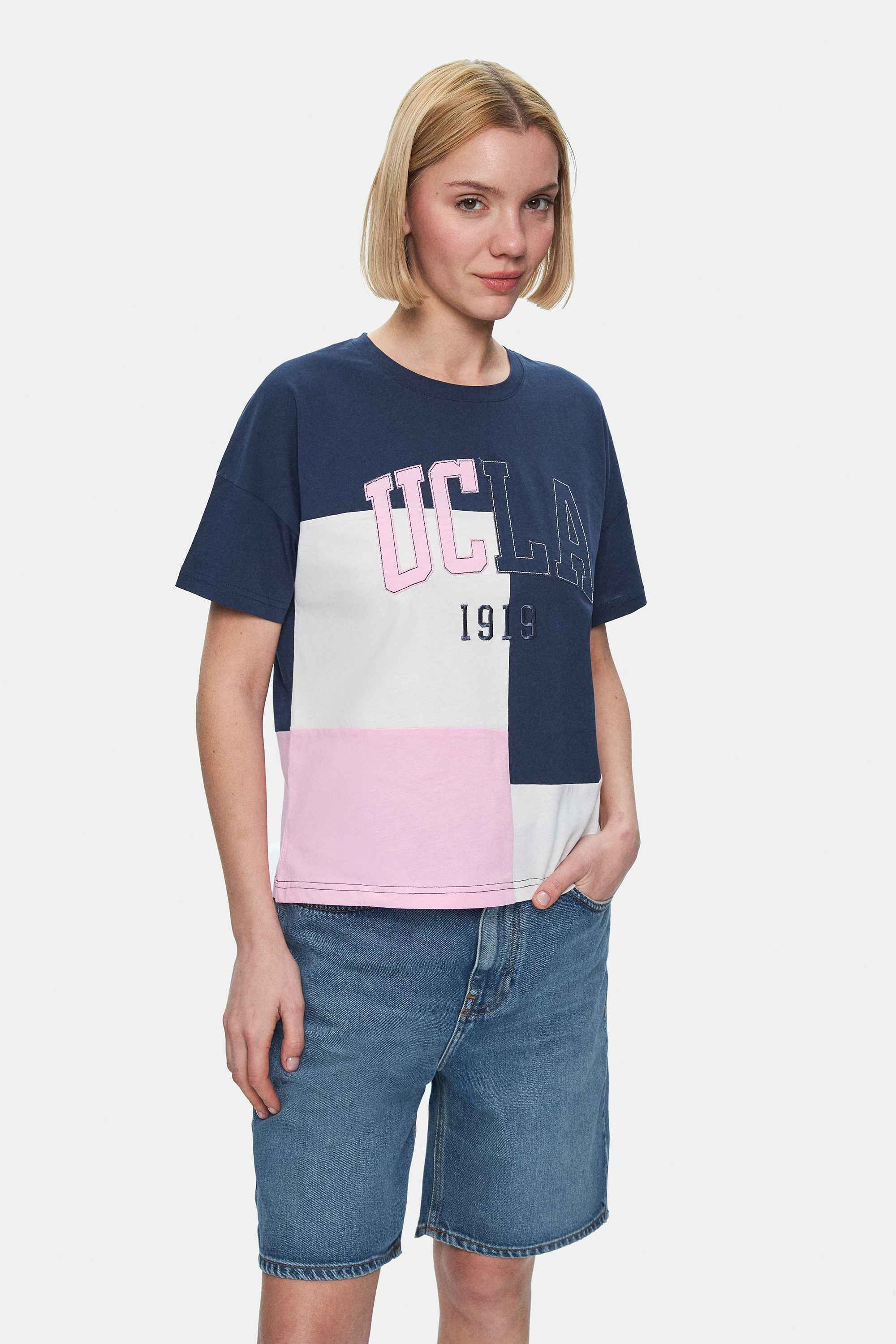 FLORES Lacivert Bisiklet Yaka Aplike Nakışlı Loose Fit Kadın Tshirt