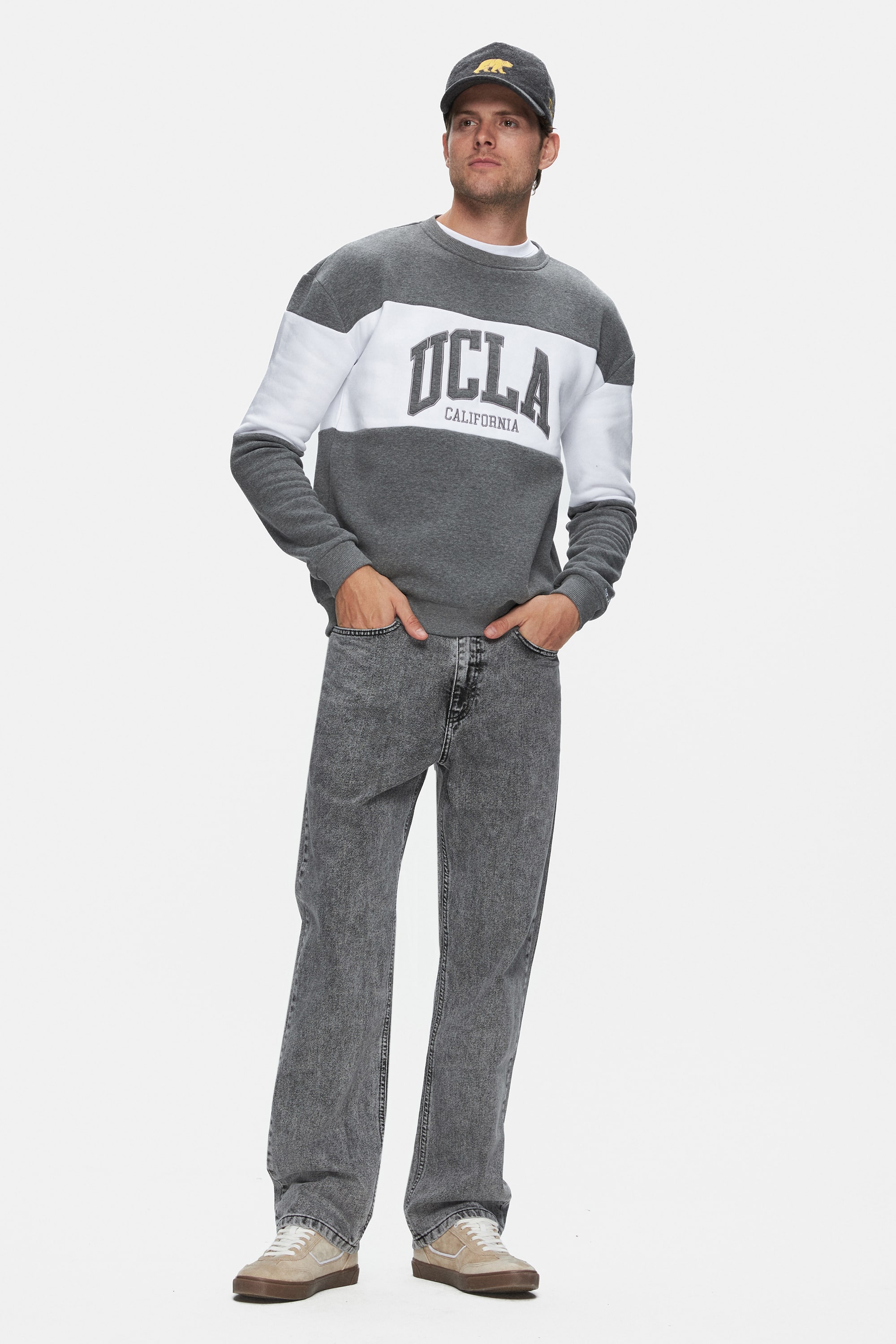 ARCHER Koyu Gri Bisiklet Yaka Nakışlı Şardonlu Loose Fit Erkek Sweatshirt