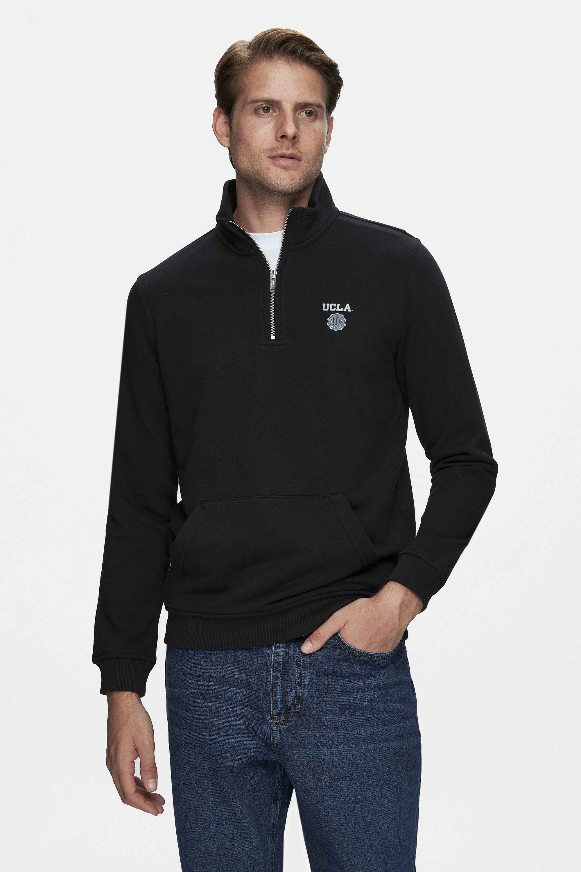 LEON Siyah Yarım Fermuar Baskılı Dik Yaka Standard Fit Erkek Sweatshirt