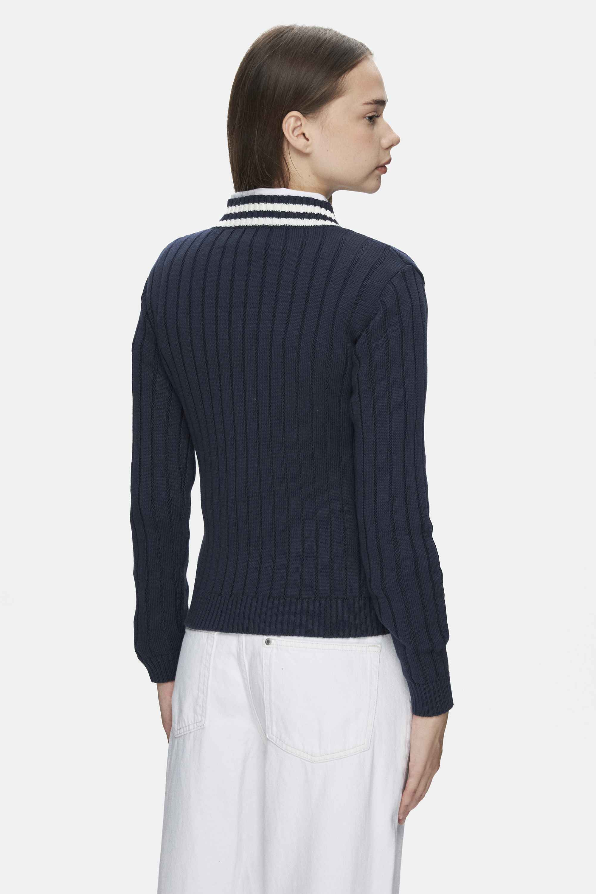 PINELLAS Lacivert V Yaka Jakarlı Standard Fit Kadın Triko