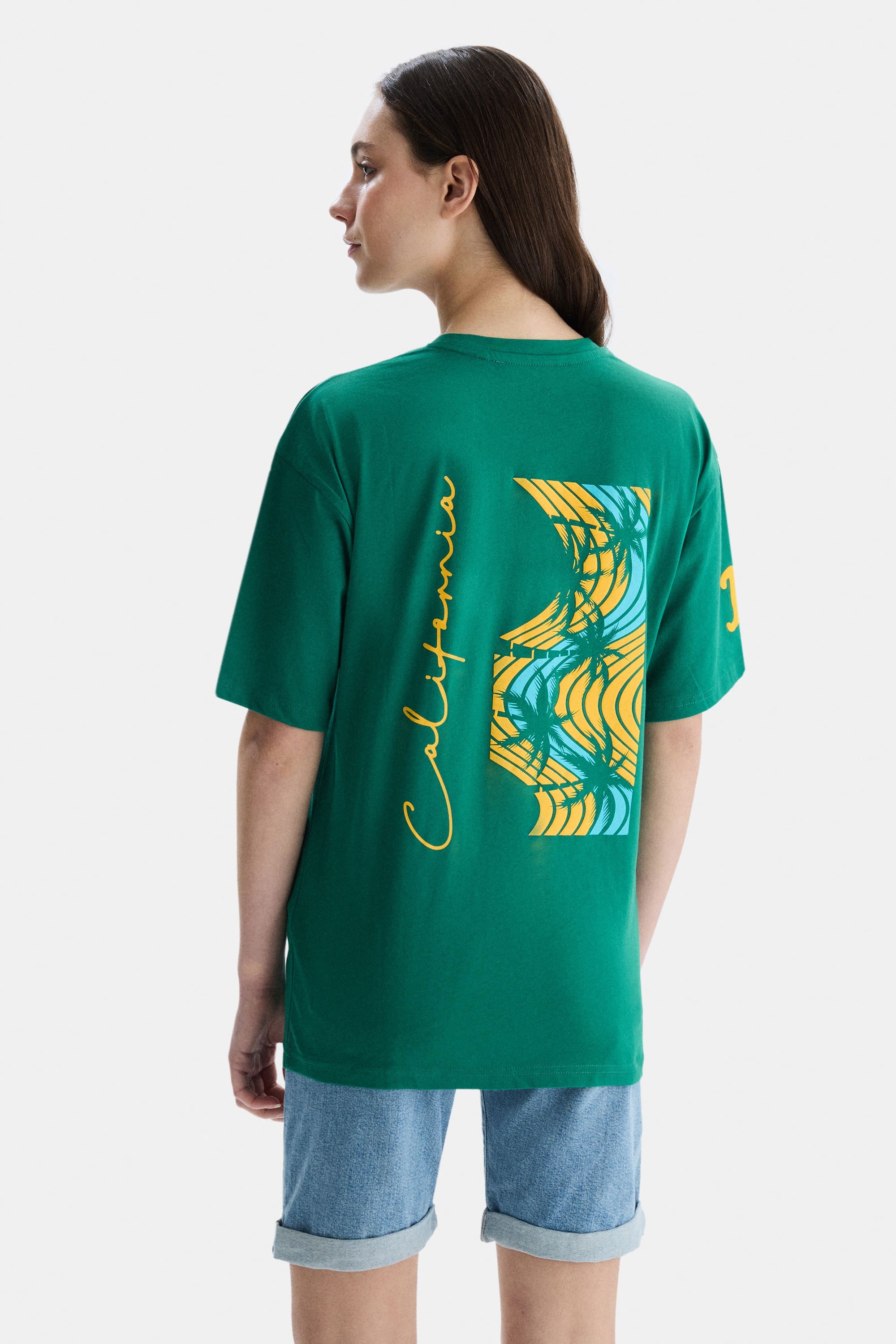 PARADISO Yeşil Bisiklet Yaka baskılı Oversize Kadın Tshirt