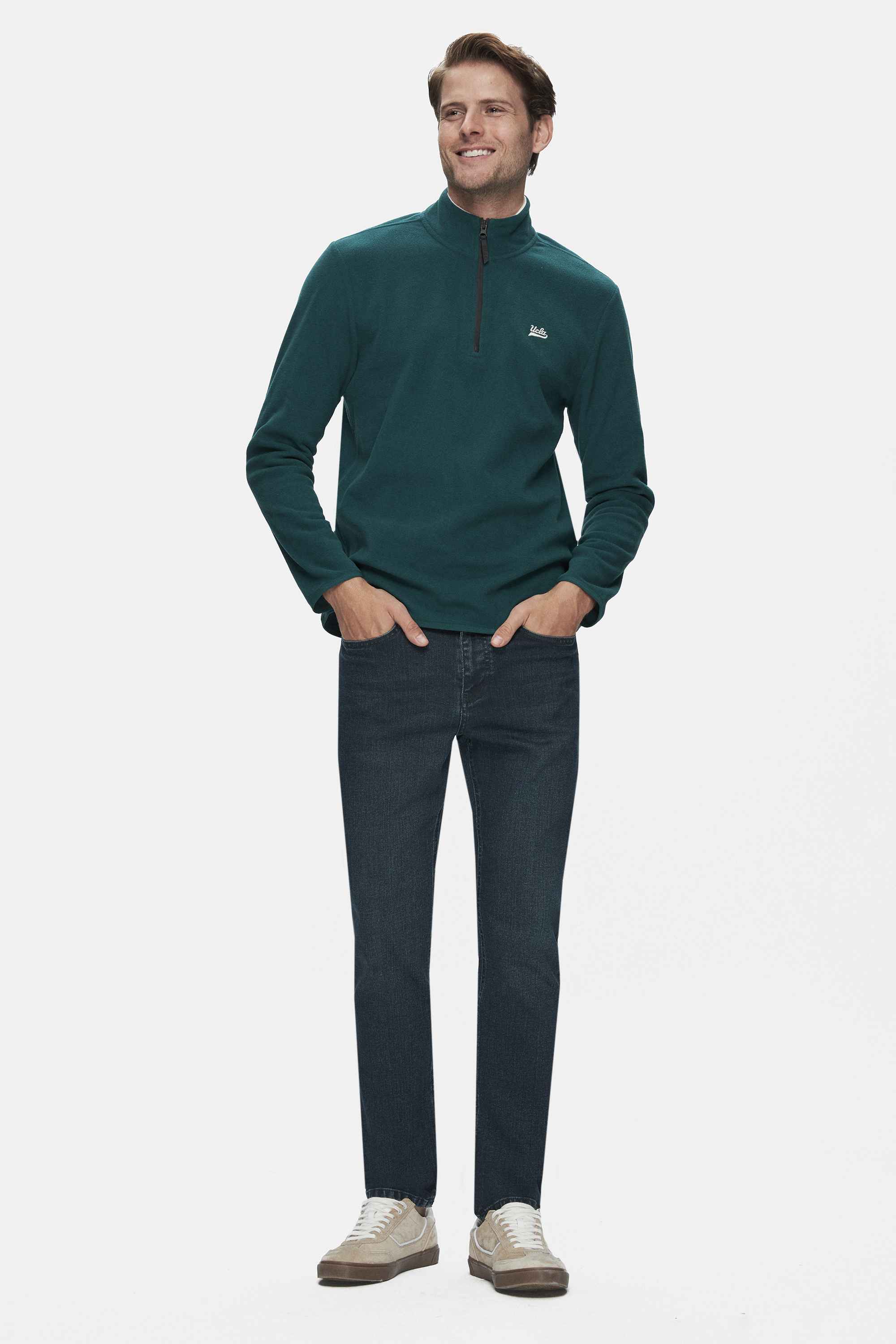 GREMIO Yeşil Polar Dik Yaka Nakışlı Standard Fit Erkek Sweatshirt