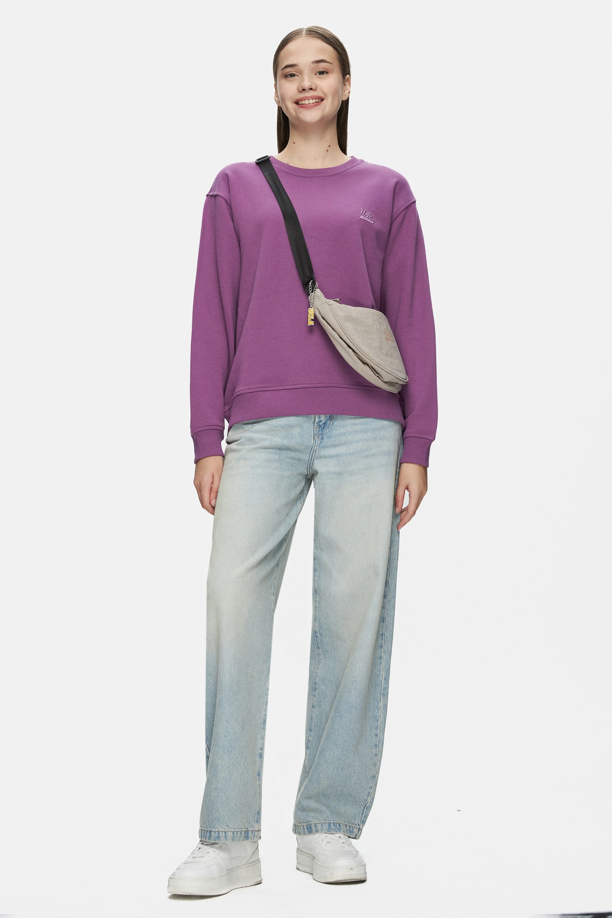 SUNNIVA Mor Bisiklet Yaka Nakışlı Loose Fit Kadın Sweatshirt