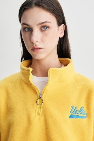 HAPPY Sarı Fermuarlı Nakışlı Polar Oversize Kadın Sweatshirt