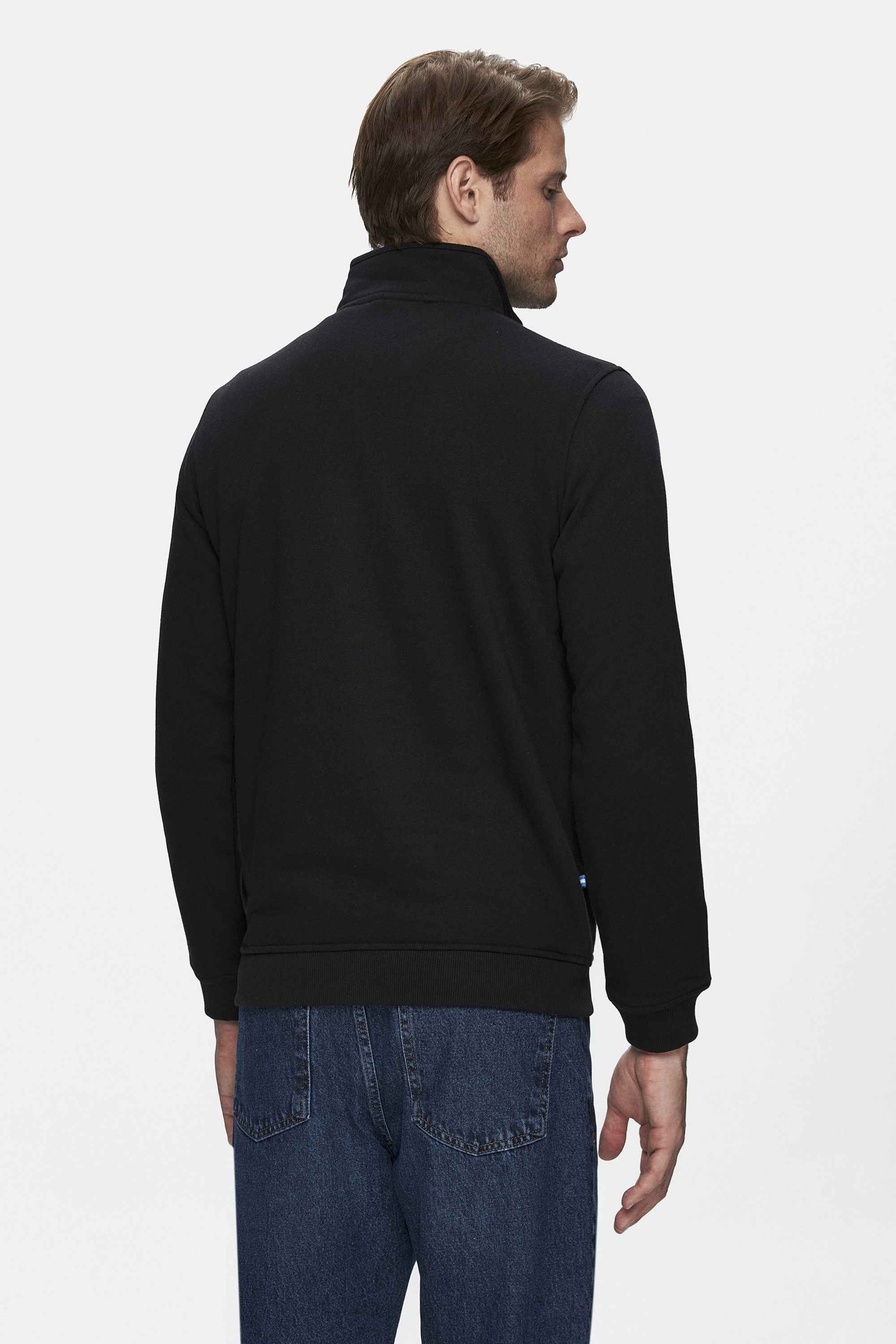 LEON Siyah Yarım Fermuar Baskılı Dik Yaka Standard Fit Erkek Sweatshirt