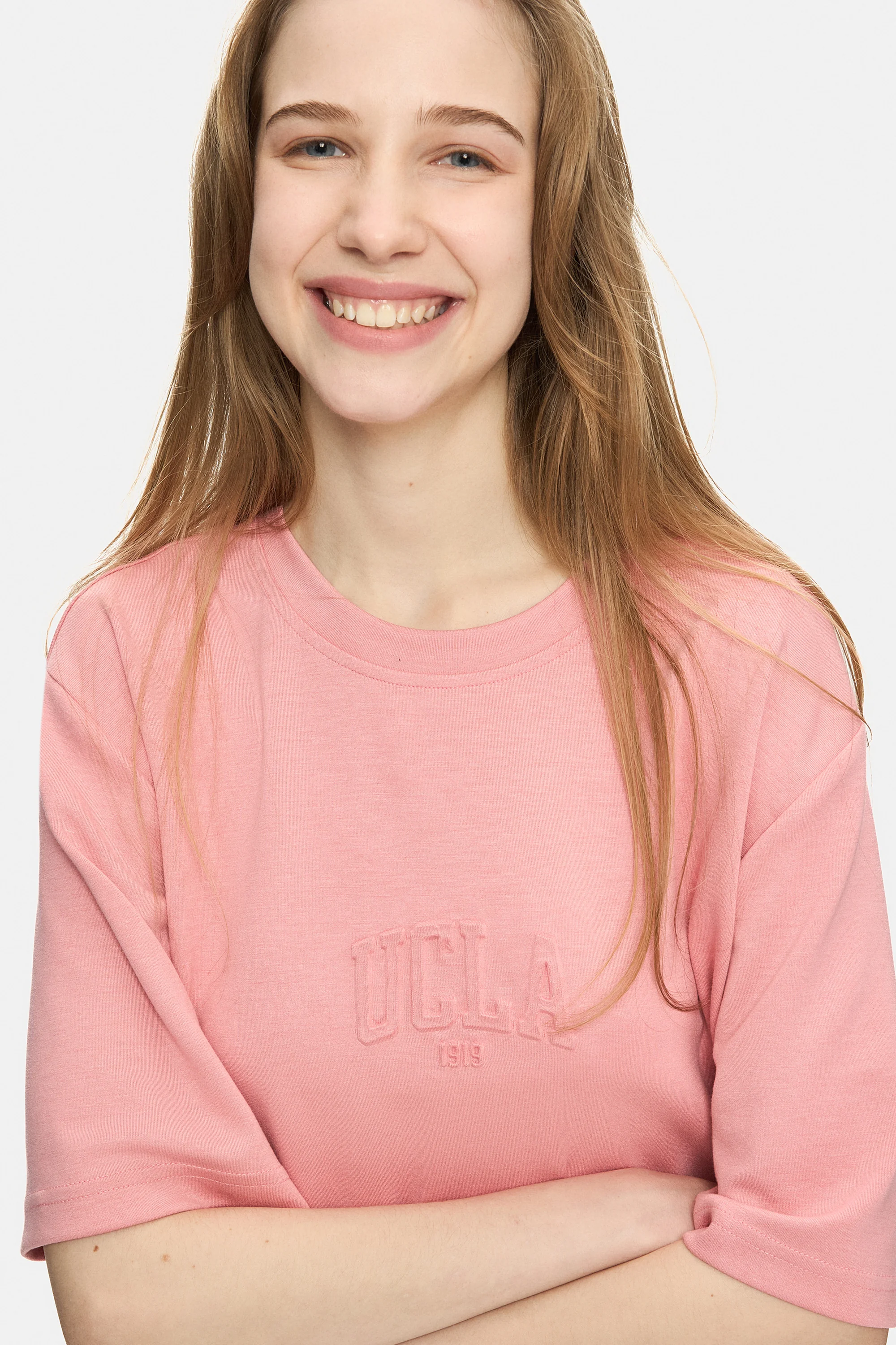 JAYLA Pembe Bisiklet Yaka Gofre Baskı Loose Fit Kadın Tshirt