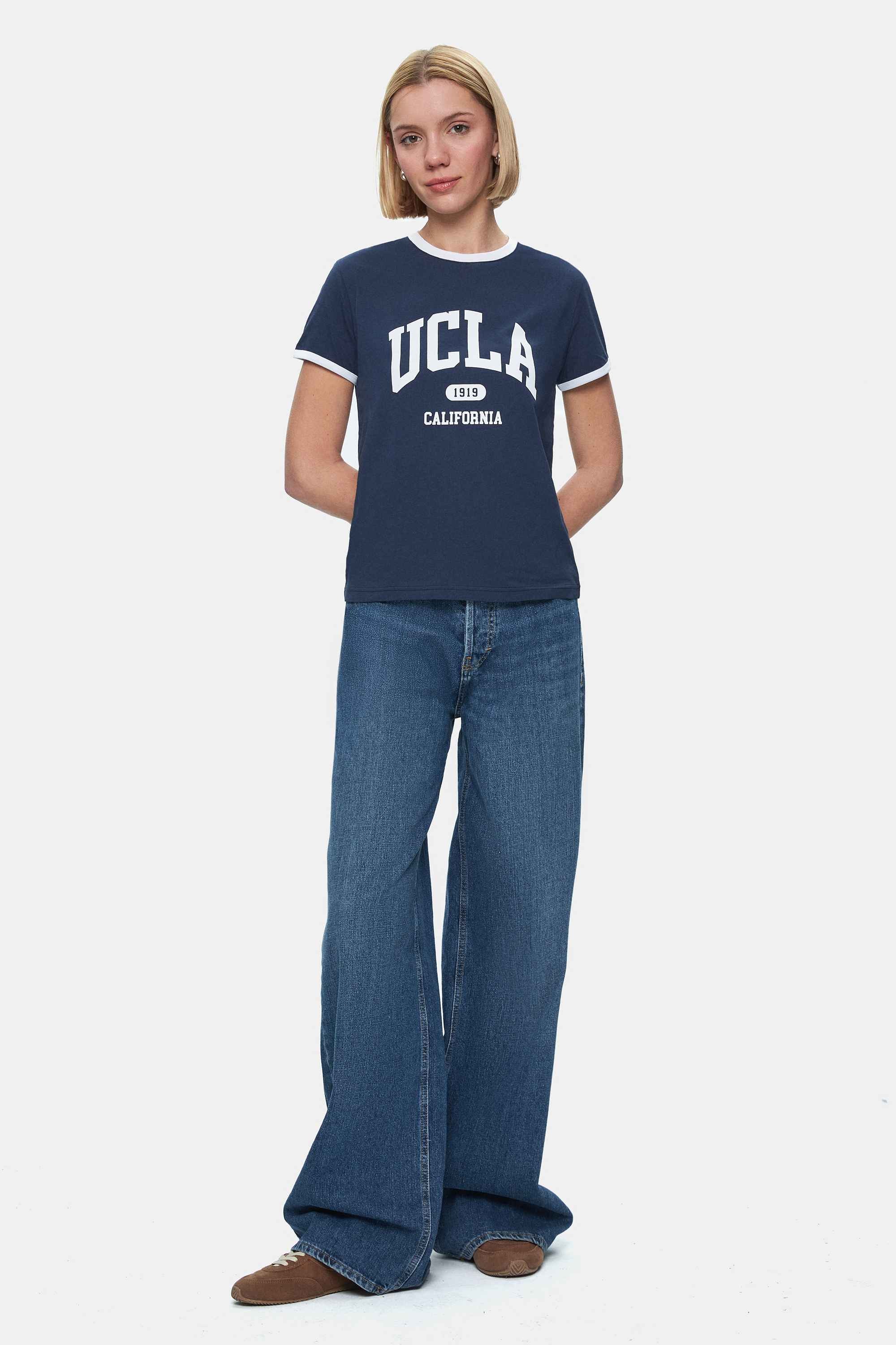 SAVANNAH Lacivert Bisiklet Yaka Baskılı Standard Fit Kadın Tshirt
