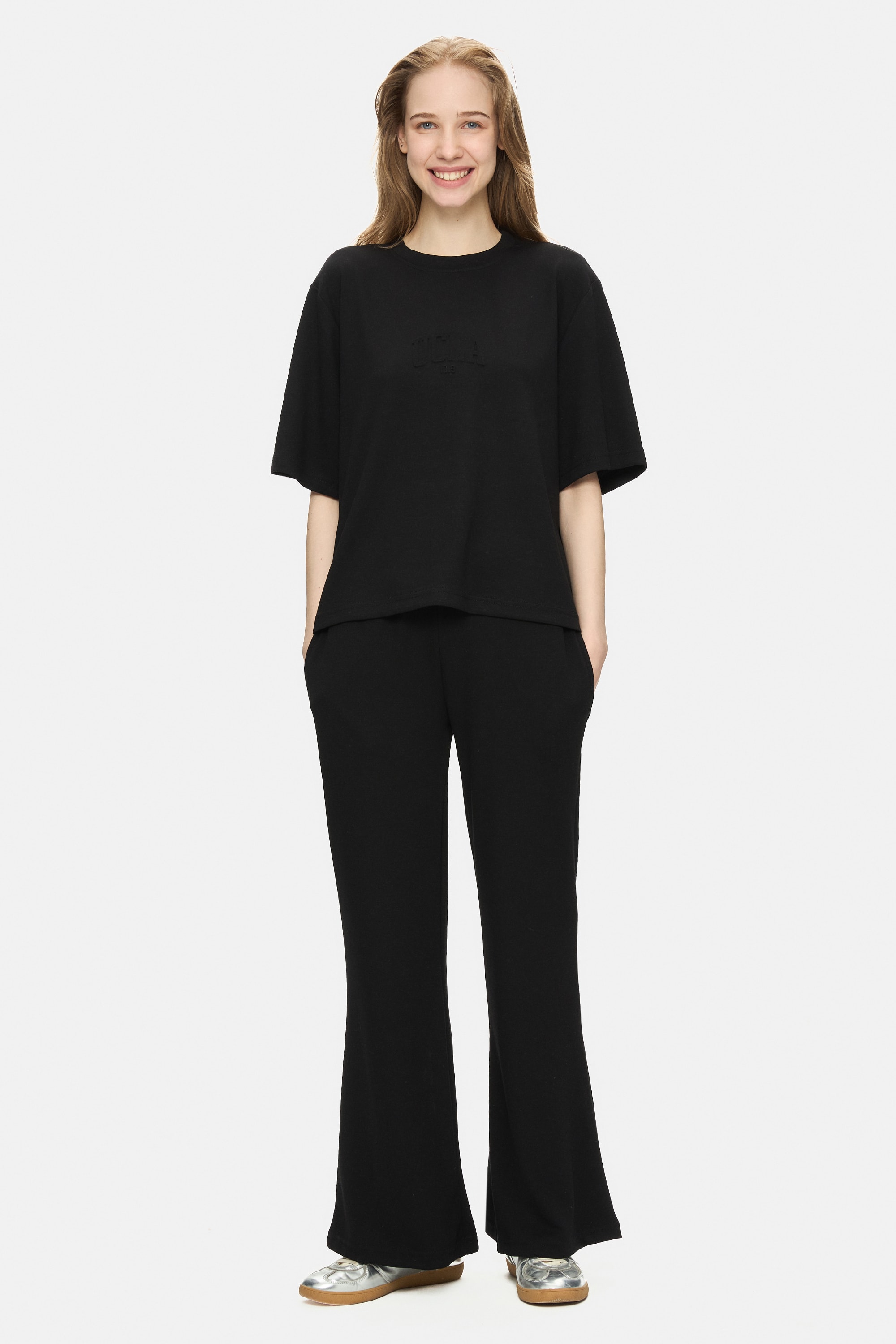 JAYLA Siyah Bisiklet Yaka Gofre Baskı Loose Fit Kadın Tshirt