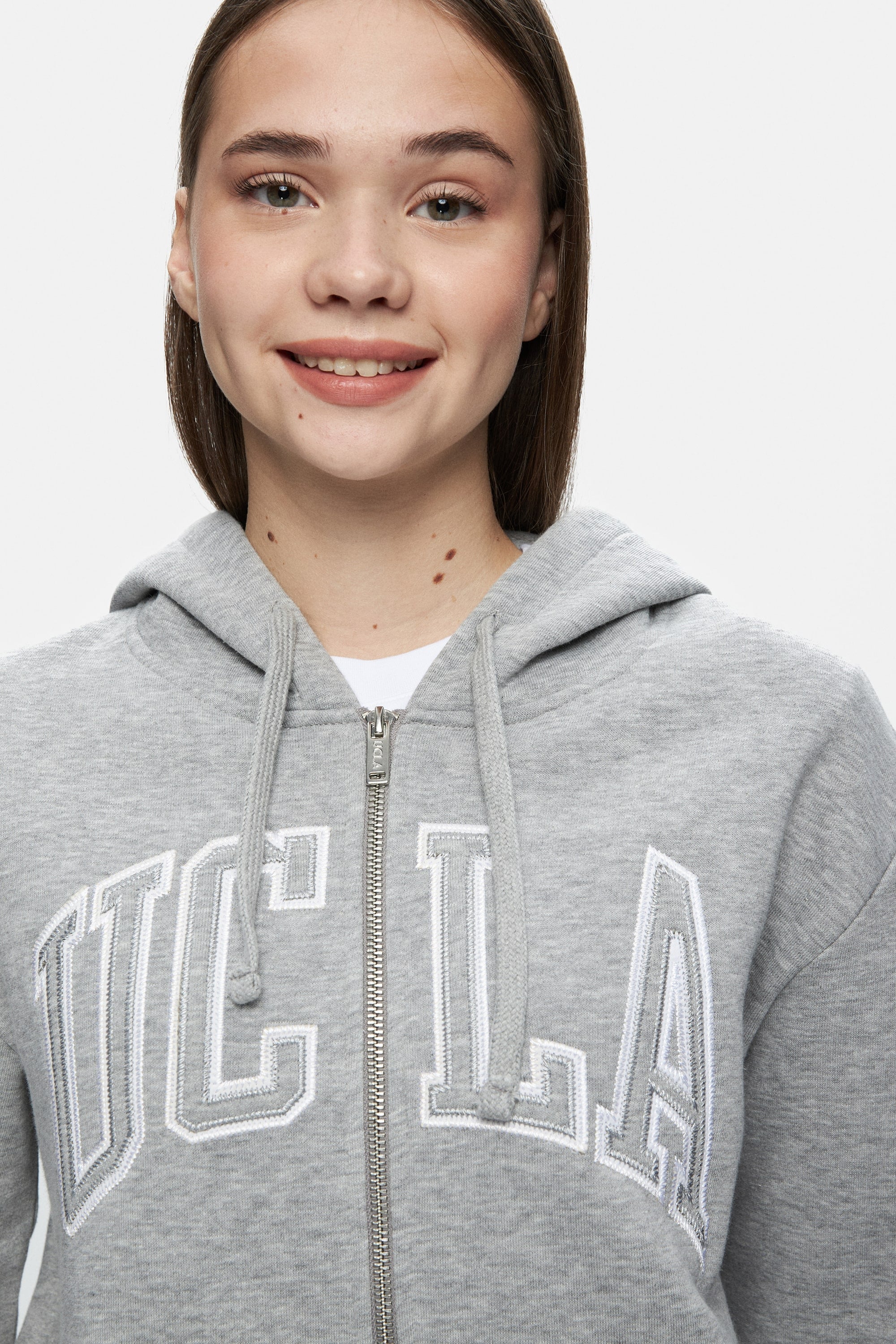 JOYCE Gri Kapüşonlu Ve Fermuarlı Aplikeli Şardonlu Standard Fit Kadın Sweatshirt