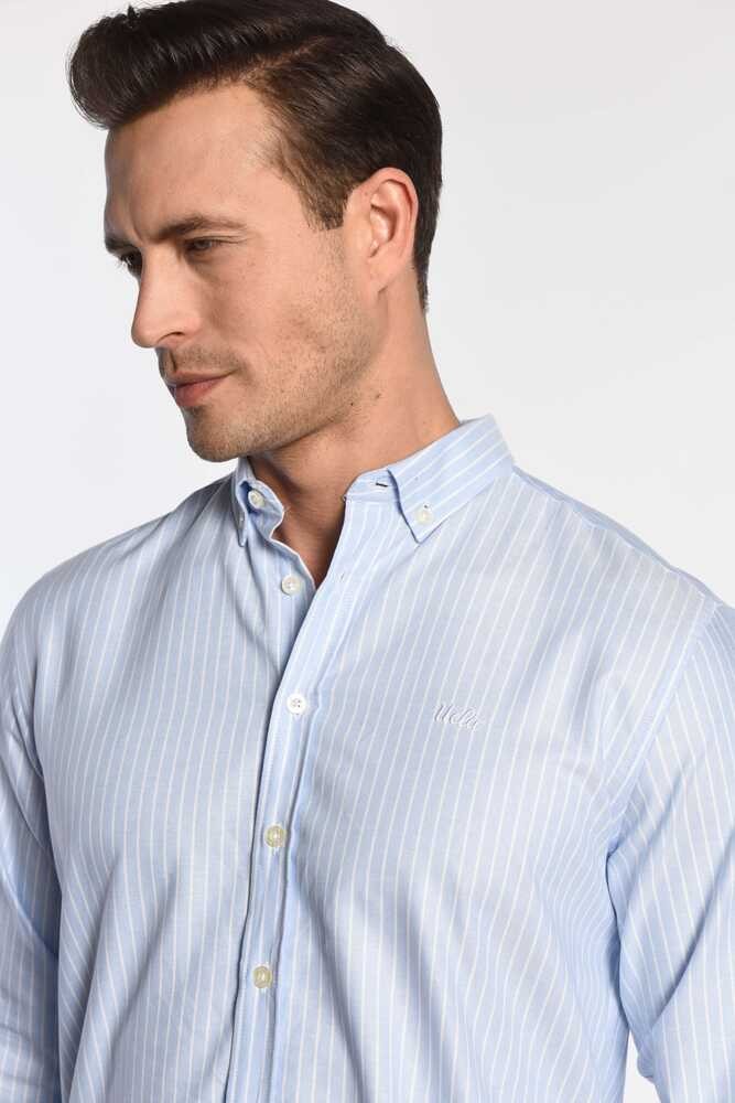 CRESTO Mavi Nakışlı Çizgili Standard Fit Erkek Gömlek