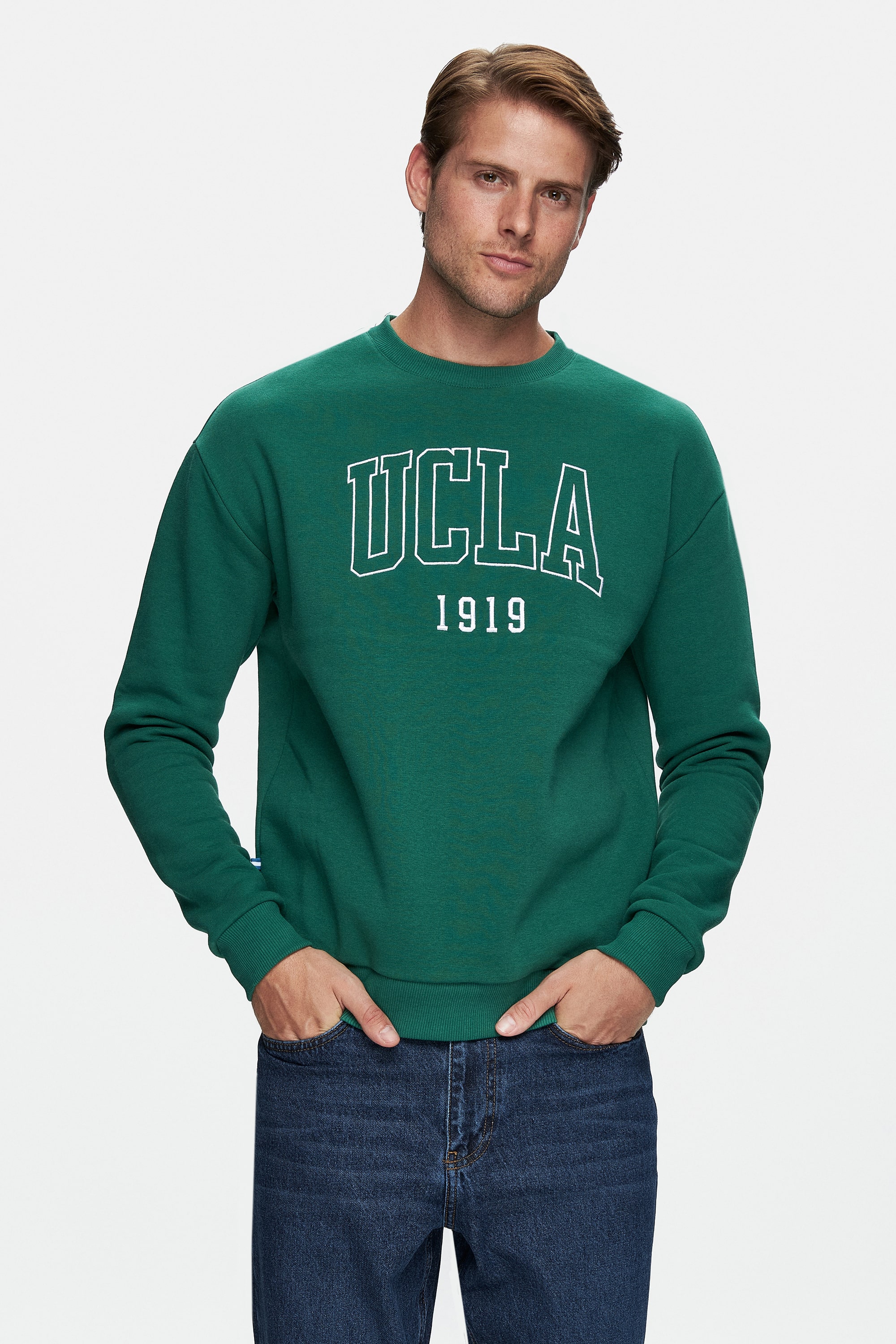 SANDHILL Yeşil Bisiklet Yaka Nakışlı Şardonlu Loose Fit Erkek Sweatshirt