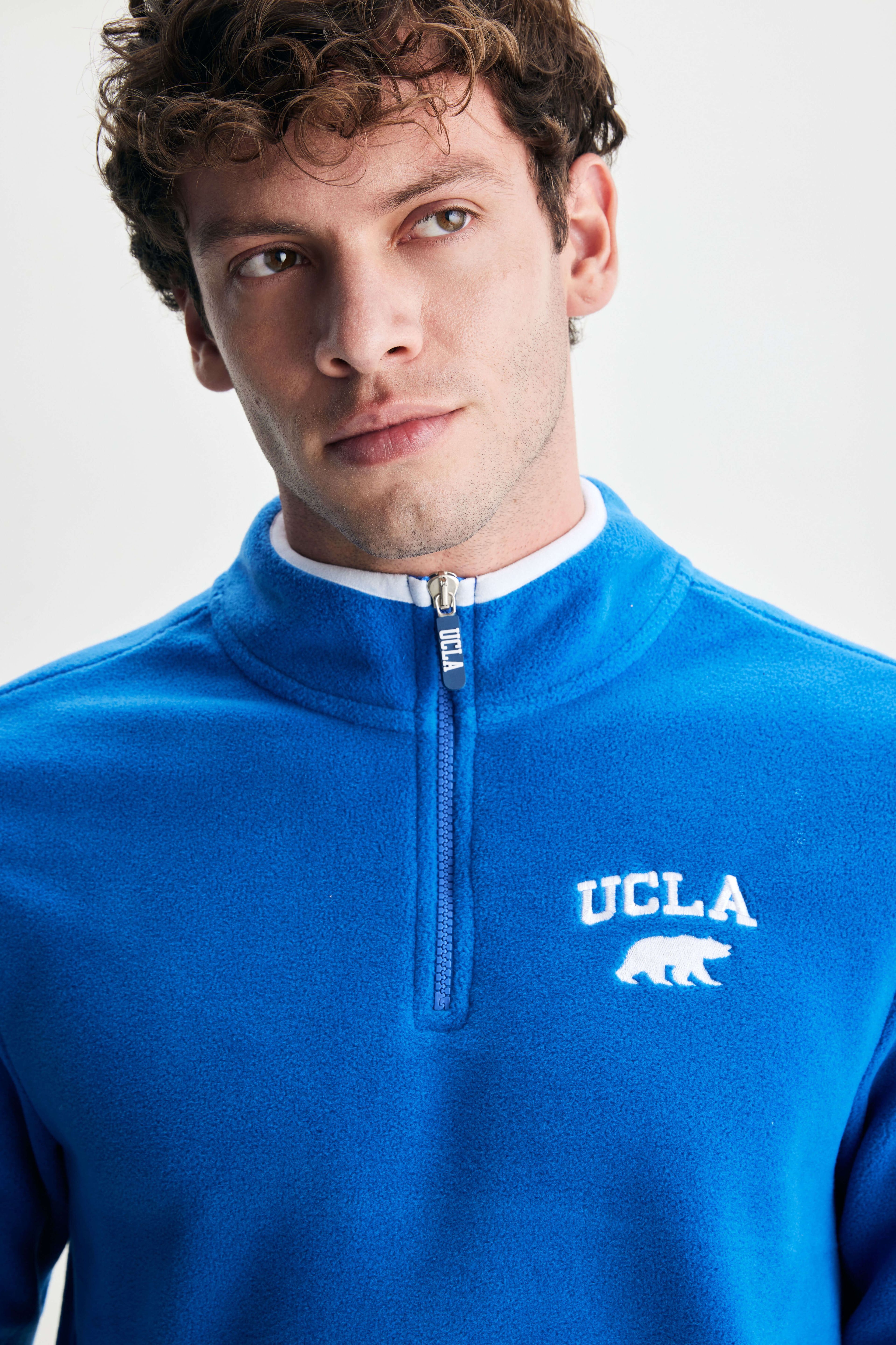 CORNING Mavi Yarım Fermuarlı Nakışlı Polar Standard Fit Erkek Sweatshirt
