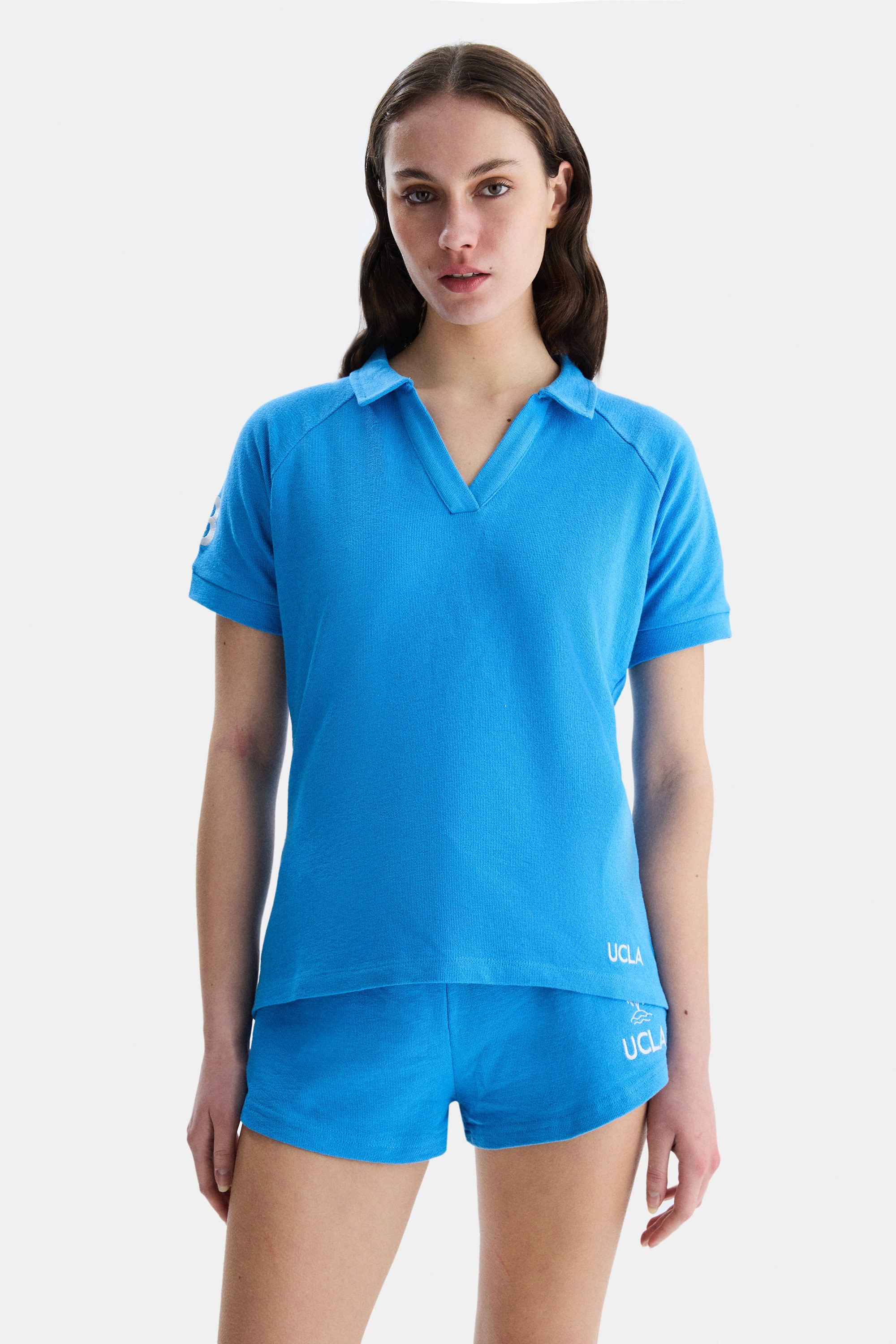 MELROSE Mavi Polo Yaka Nakışlı Standard Fit Kadın Tshirt