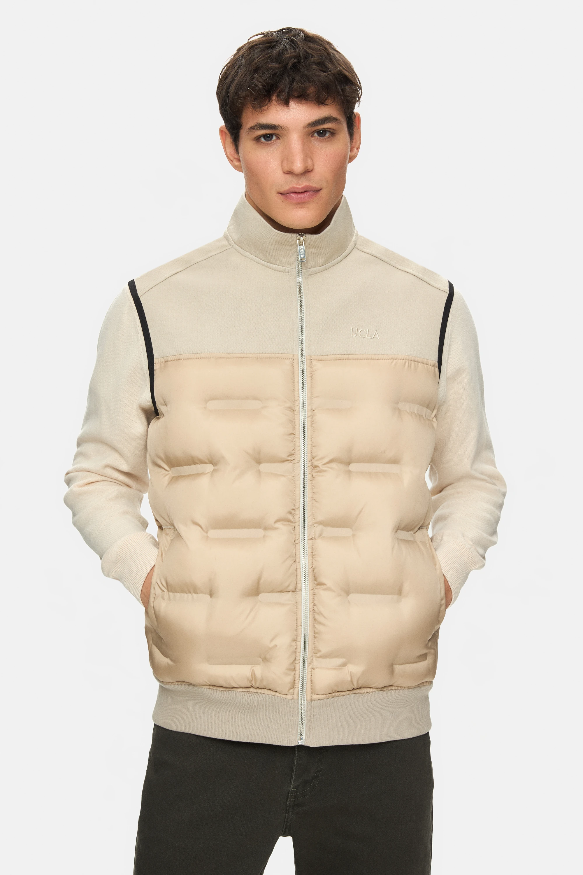 MATHIAS Koyu Bej Fermuarlı ve Cepli Scuba Kumaş Standard Fit Erkek Yelek