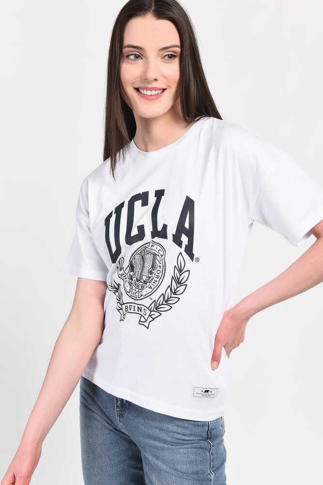 AVALON Beyaz Bisiklet Yaka Baskılı Oversize Kadın Tshirt