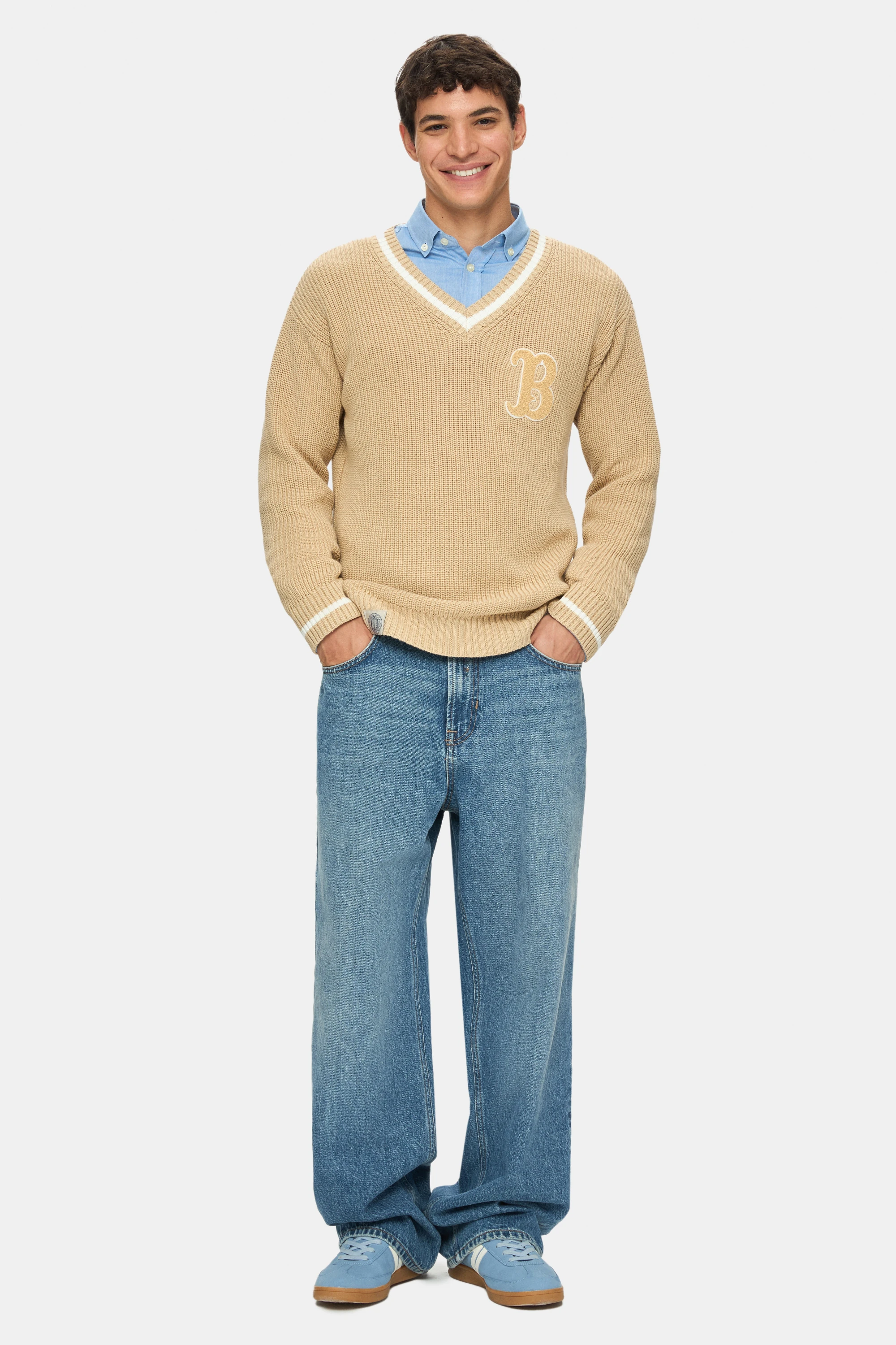 HEYOKA Koyu Bej Bisiklet Yaka Nakışlı Loose Fit Erkek Triko