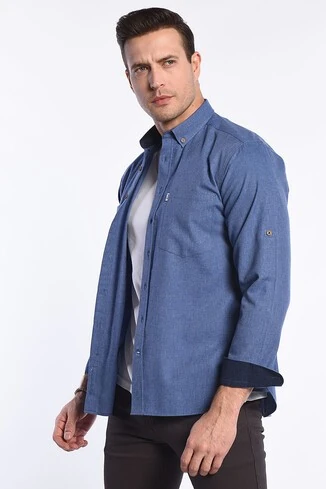 MENDO Mavi Nakışlı Standard Fit Erkek Gömlek