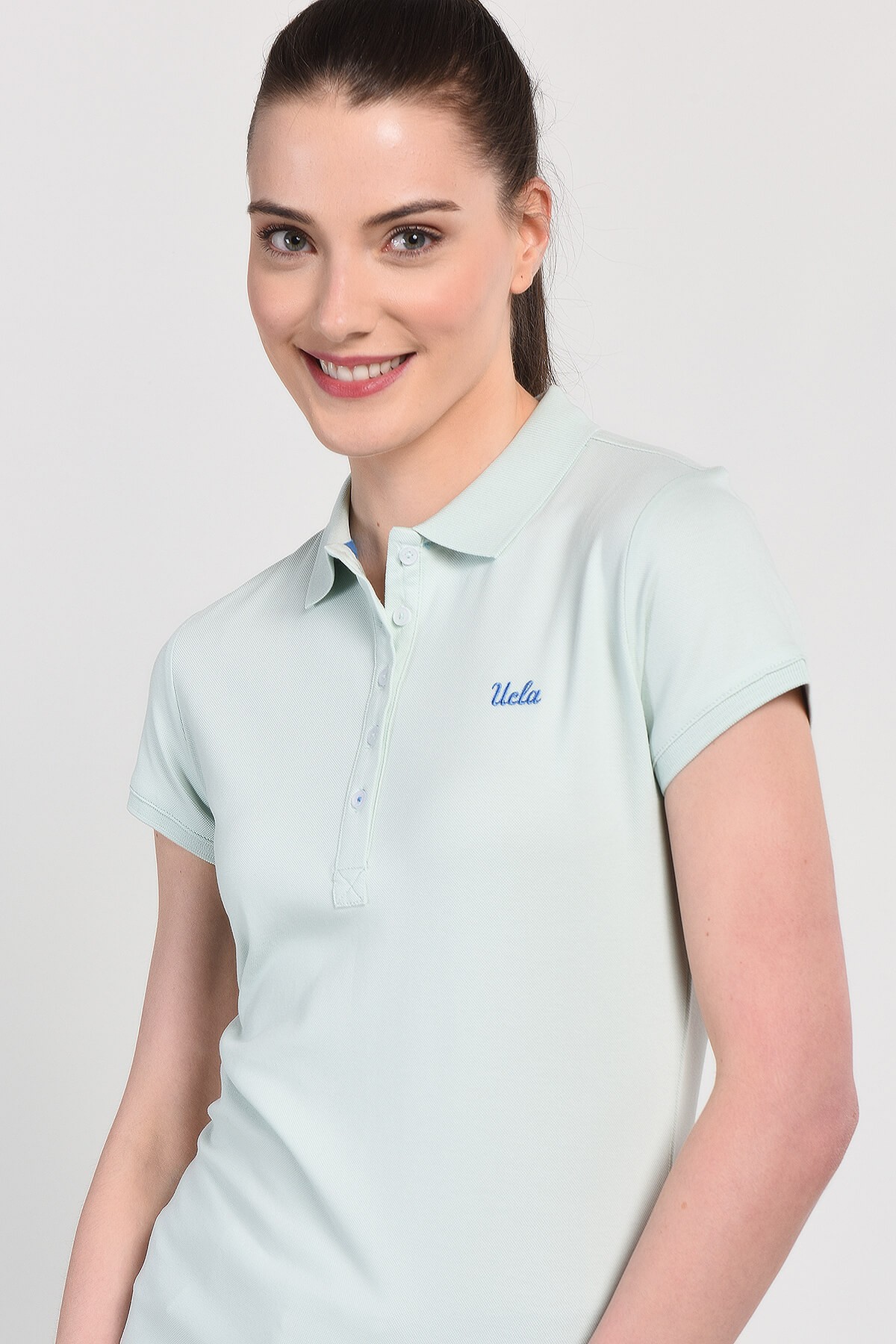 SHAVER Mavi Polo Yaka Nakışlı Standard Fit Kadın Tshirt