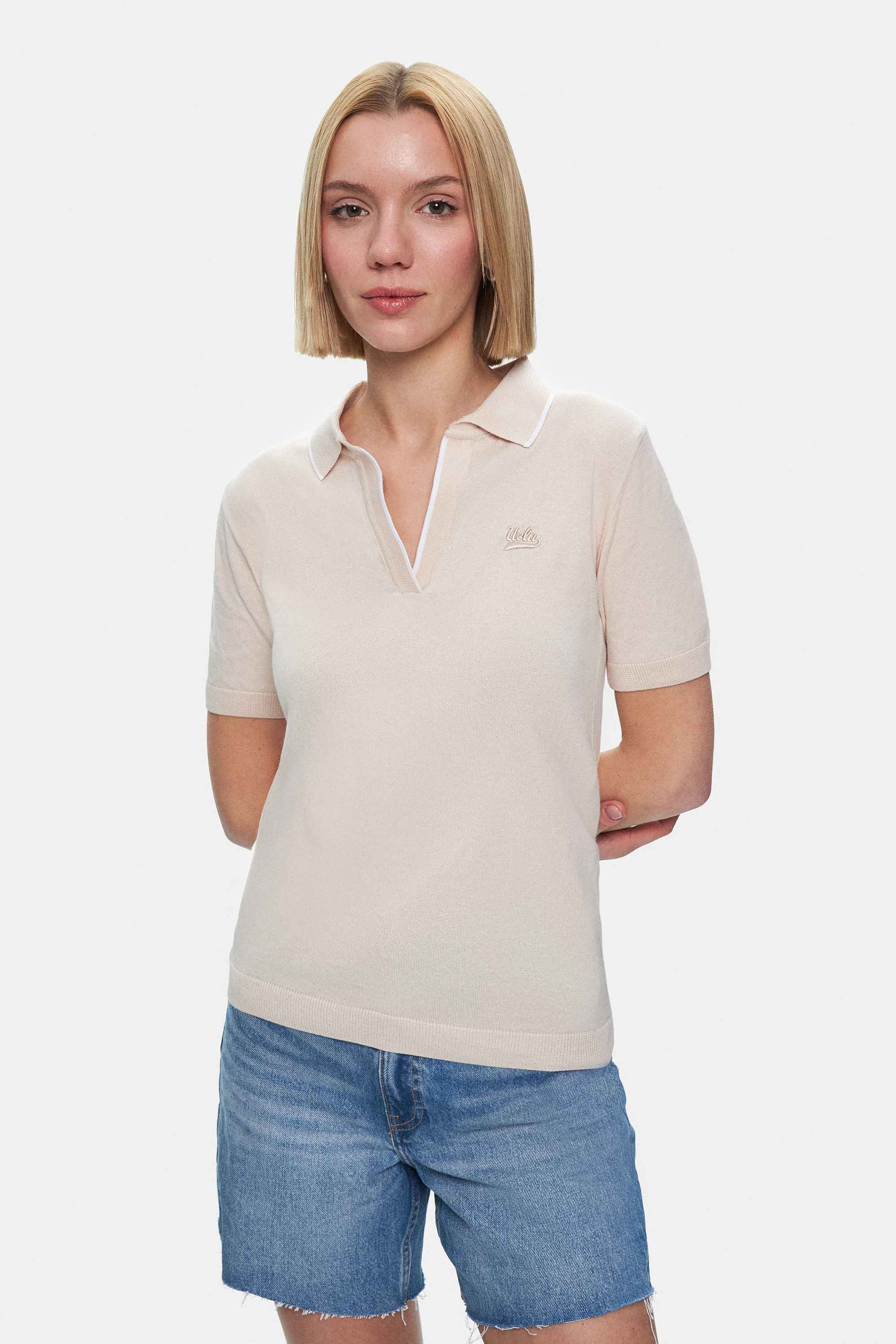 SASHA Kemik Rengi Polo Yaka Triko Nakışlı Standard Fit Kadın Tshirt