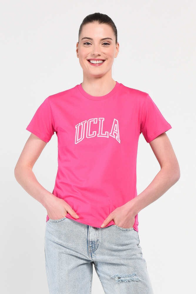 ANGELA Pembe Bisiklet Yaka Nakışlı Standard Fit Kadın Tshirt