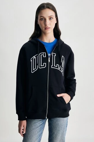 JOYCE Siyah Kapüşonlu Ve Fermuarlı Aplikeli Şardonlu Standard Fit Kadın Sweatshirt