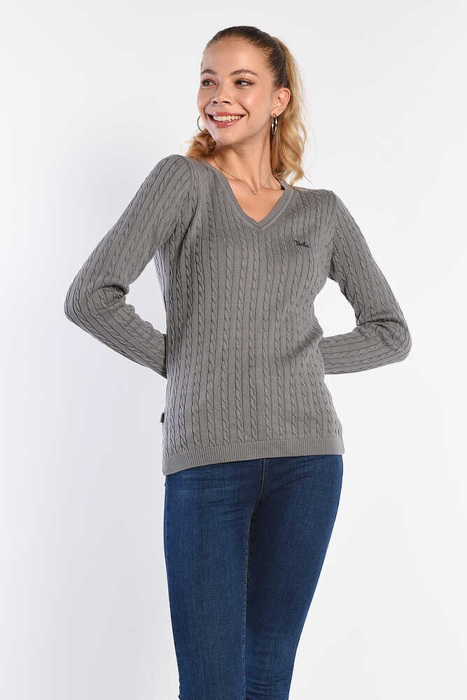 CREST Gri Saç Örgü Nakışlı Standard Fit Kadın Triko