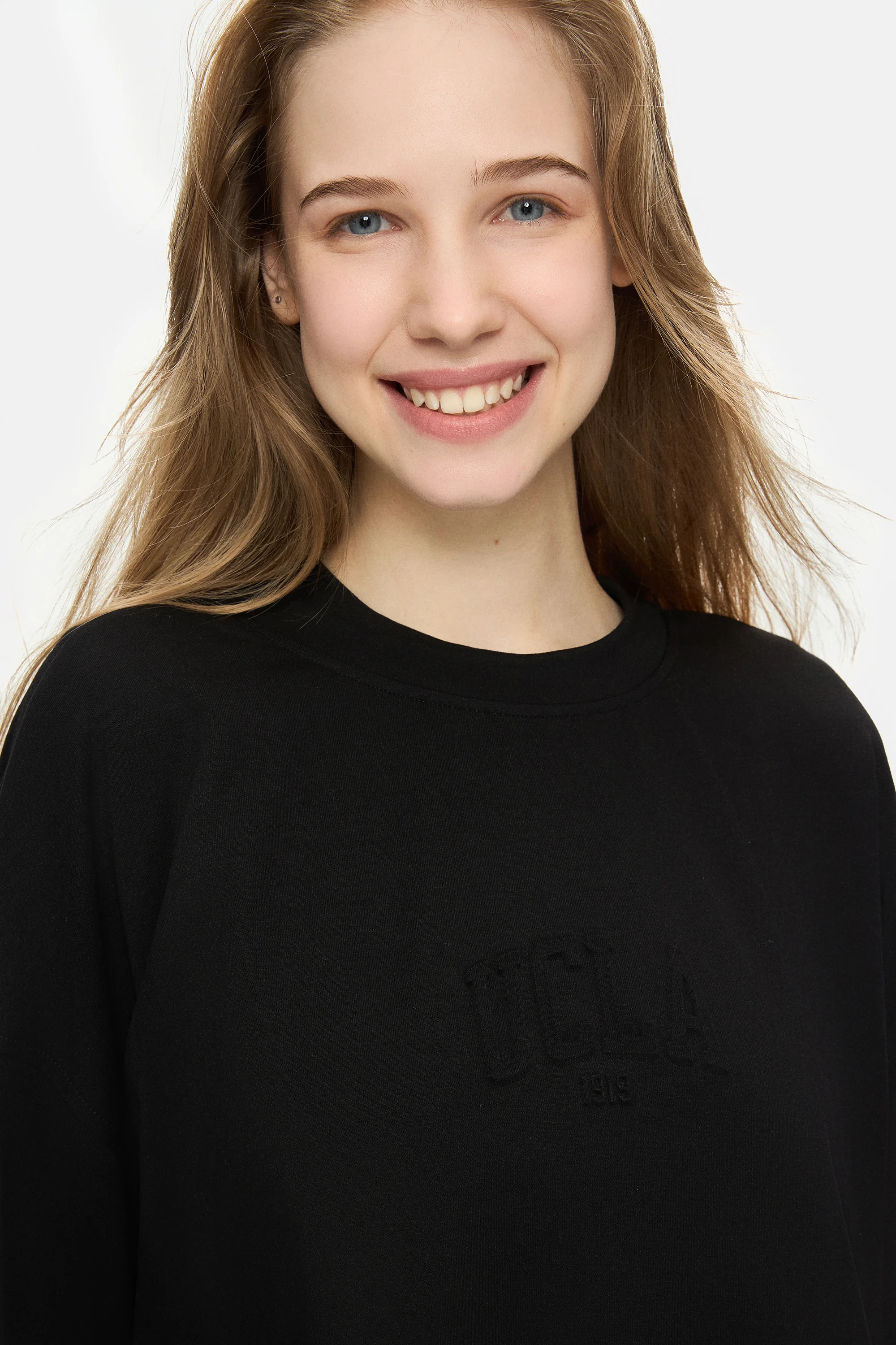 JAYLA Siyah Bisiklet Yaka Gofre Baskı Loose Fit Kadın Tshirt