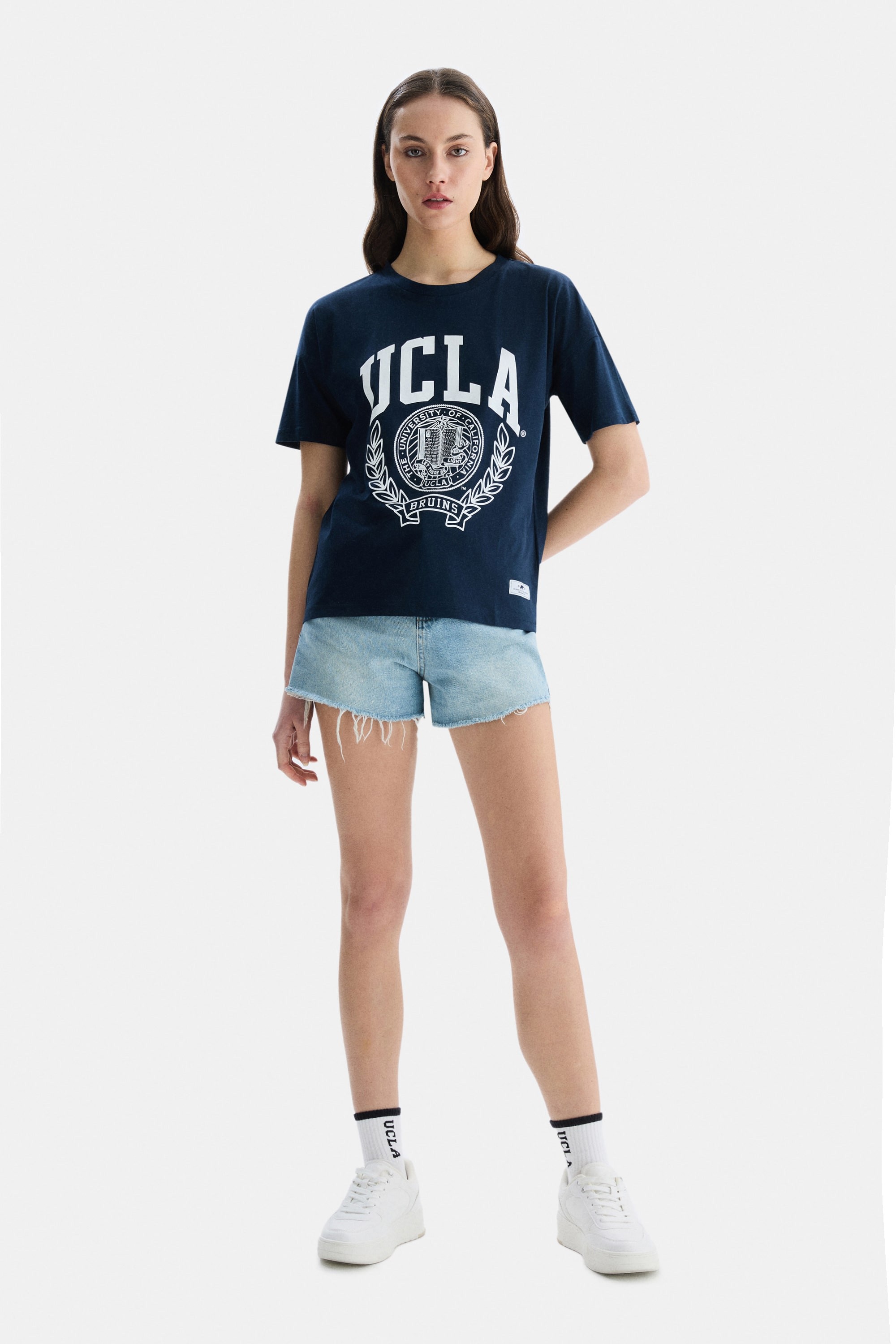 AVALON Lacivert Bisiklet Yaka Baskılı Oversize Kadın Tshirt