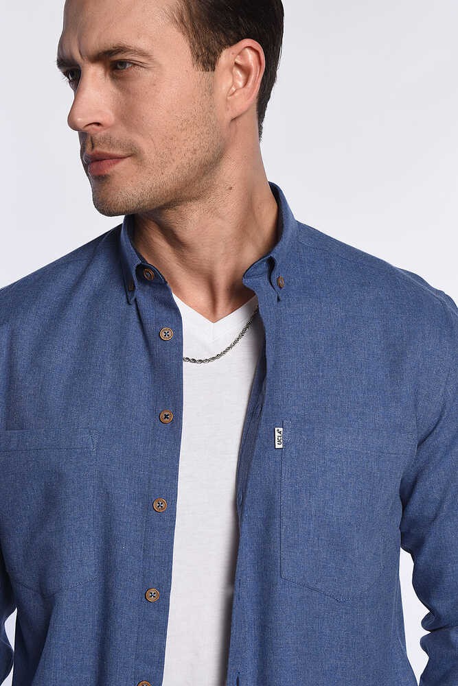 MENDO Mavi Nakışlı Nakışlı Standard Fit Erkek Gömlek