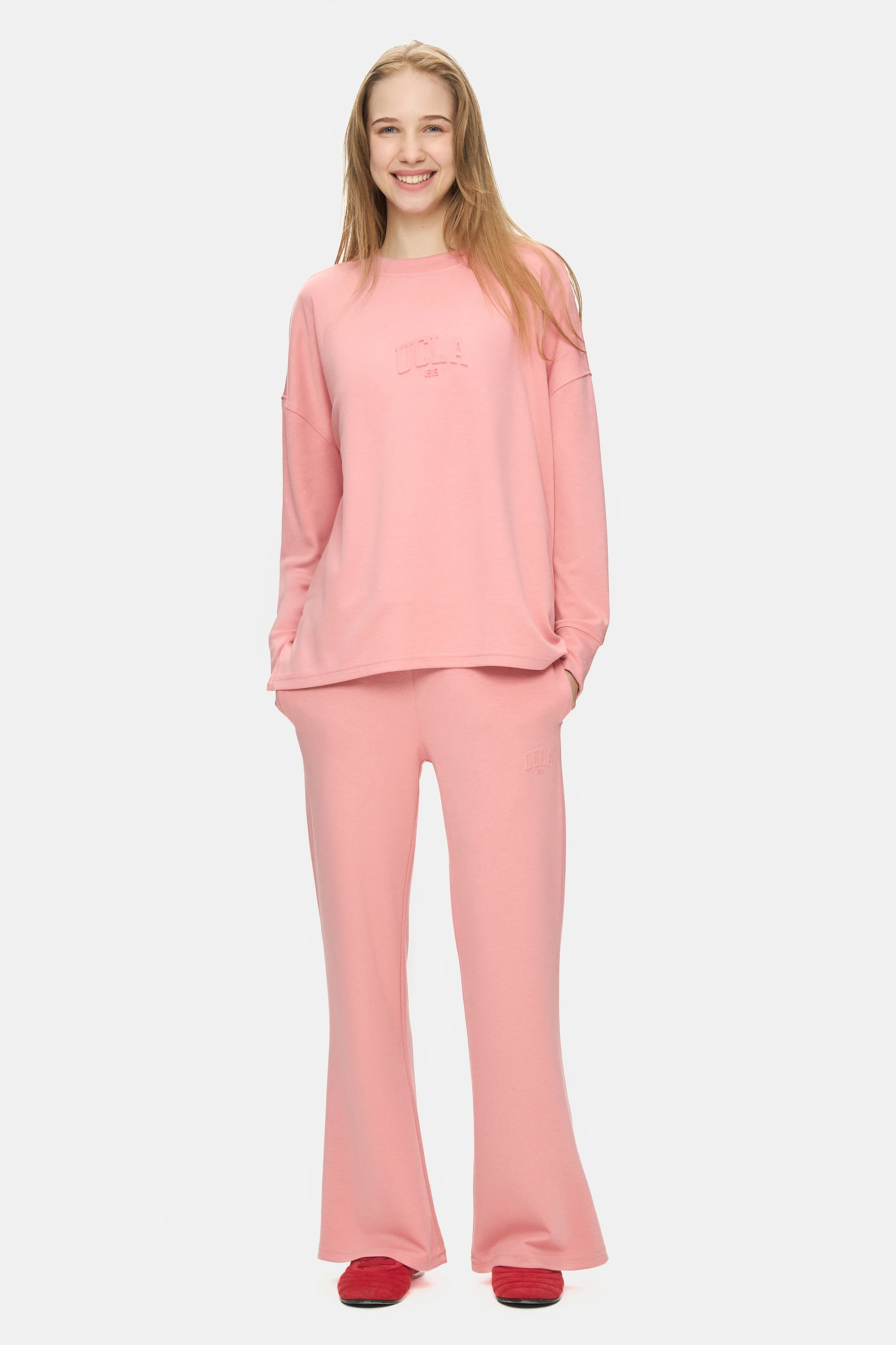 ELOWEN Pembe Bisiklet Yaka Gofre Baskılı Modal Kumaş Loose Fit Kadın Sweatshirt