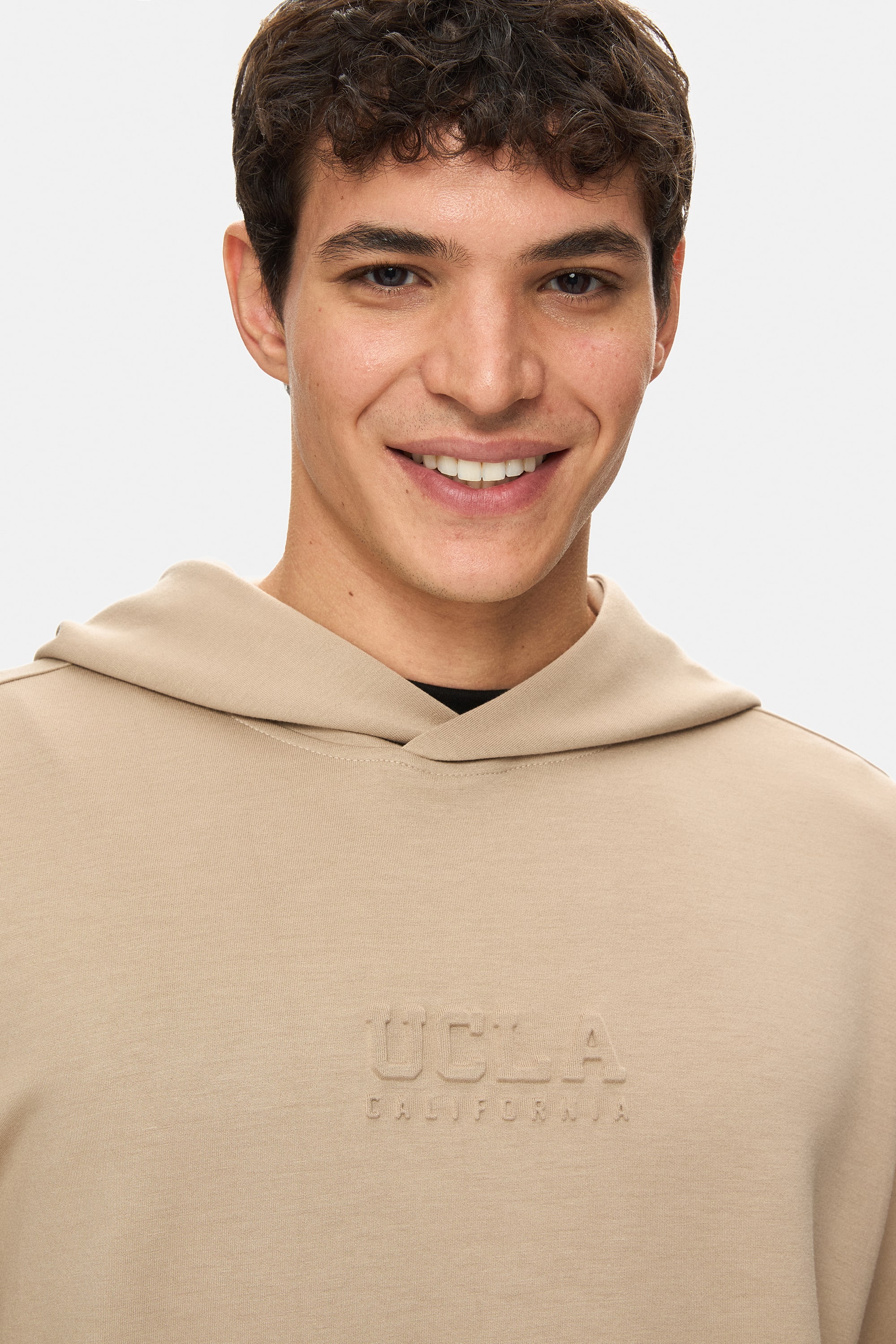 WINFREY Koyu Bej Kapüşonlu Gofre Baskı Standard Fit Erkek Sweatshirt