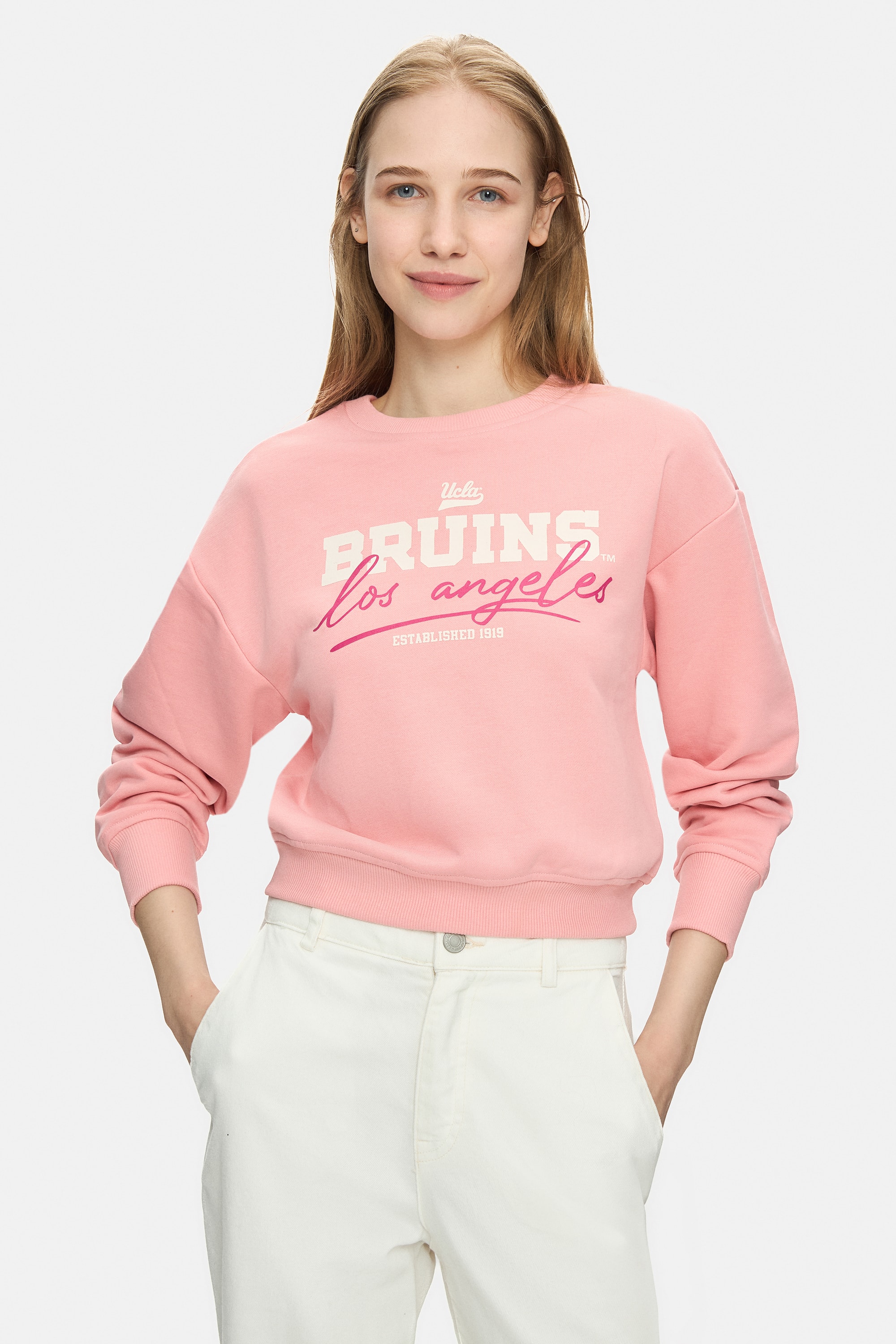 MELLO Pembe Bisiklet Yaka Crop Baskılı Loose Fit Kadın Sweatshirt