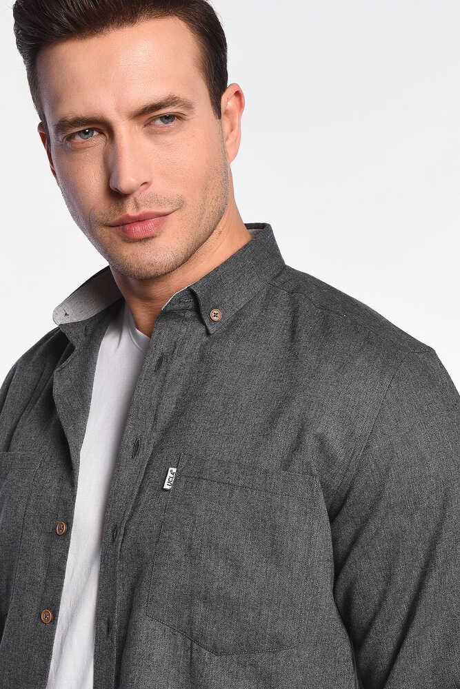 MENDO Koyu Gri Nakışlı Standard Fit Erkek Gömlek