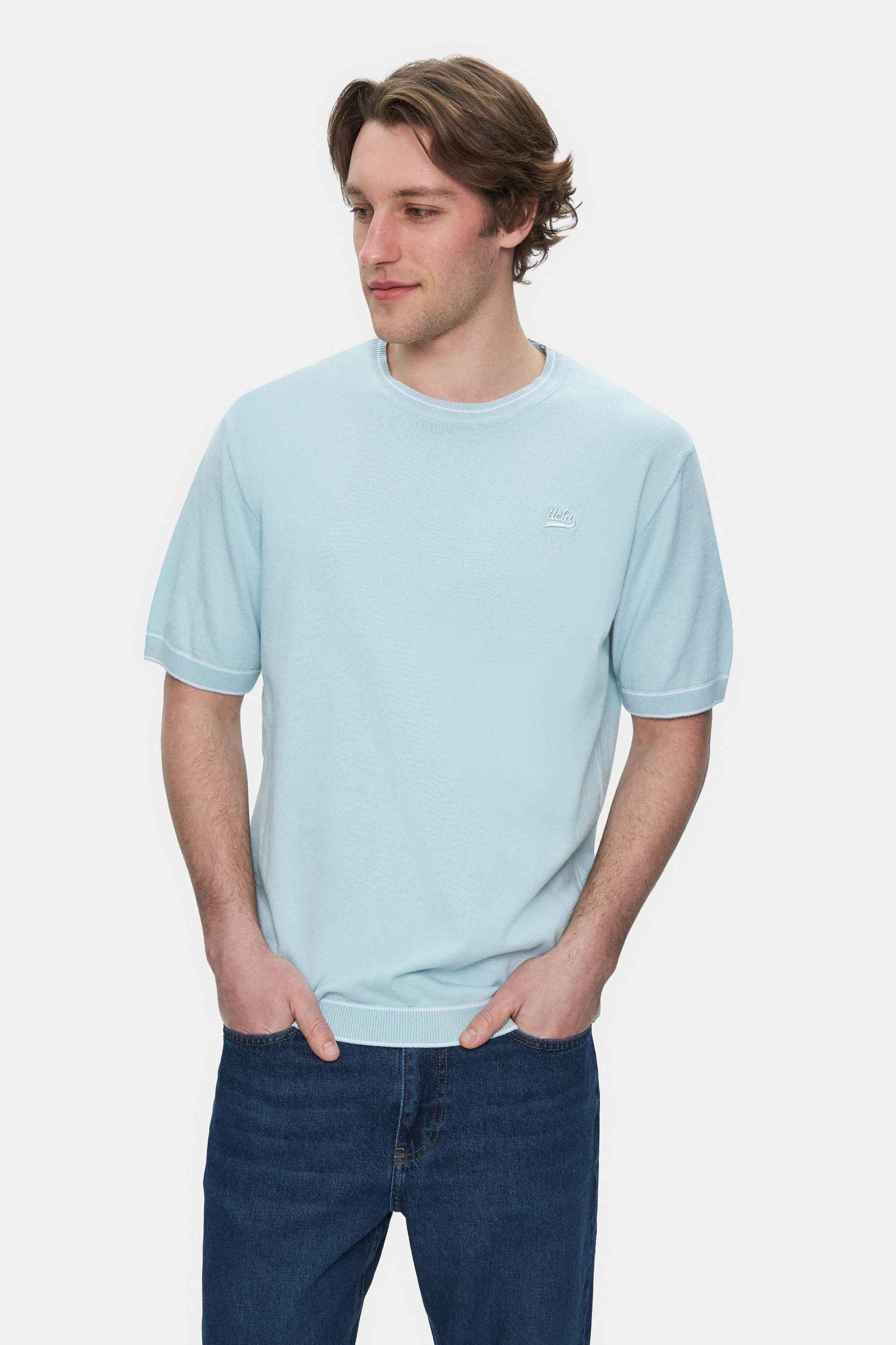 FARED Gök Mavi Bisiklet Yaka Triko Nakışlı Standard Fit Erkek Tshirt