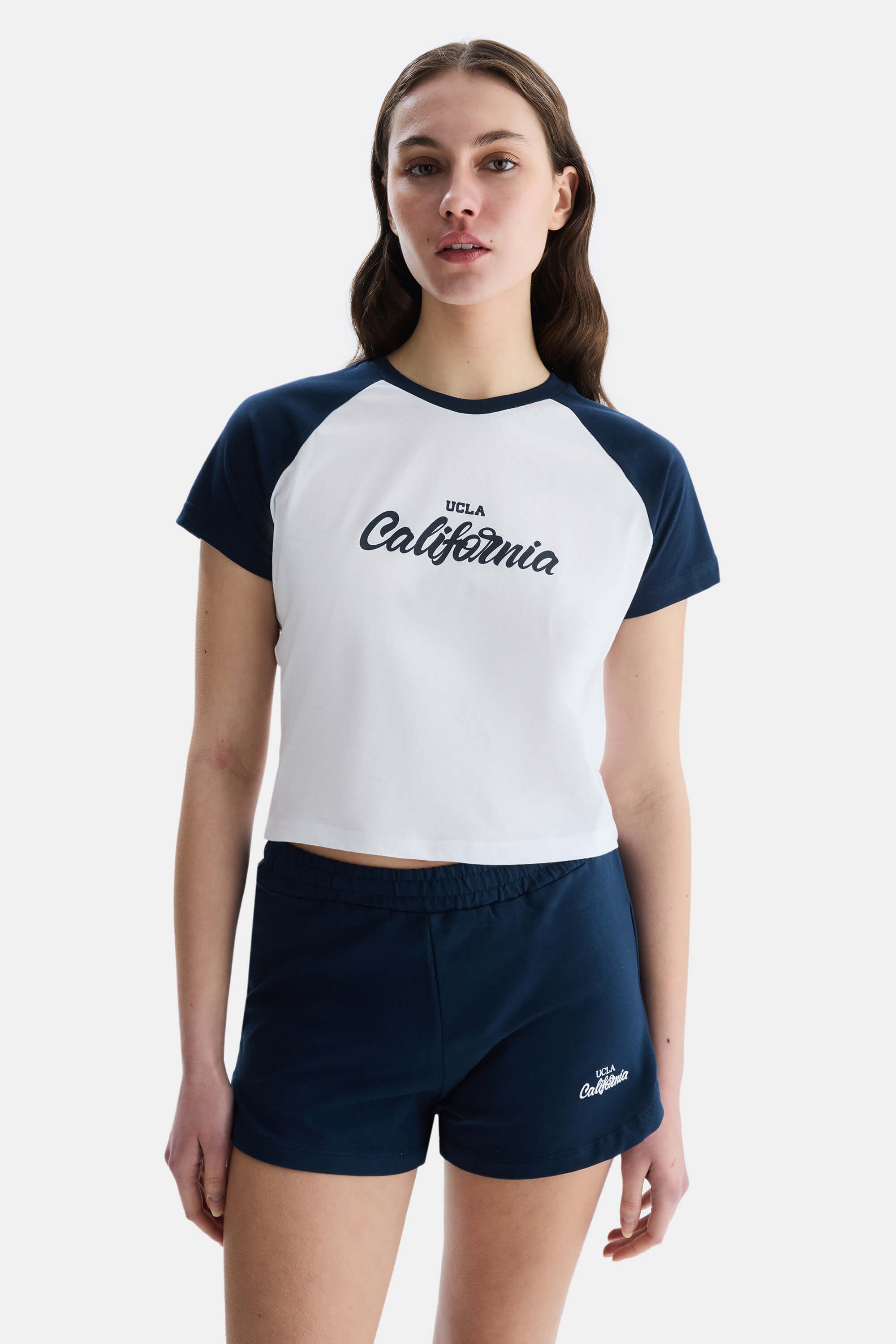 CAROLINA Lacivert Bisiklet Yaka Baskılı Standard Fit Kadın Tshirt
