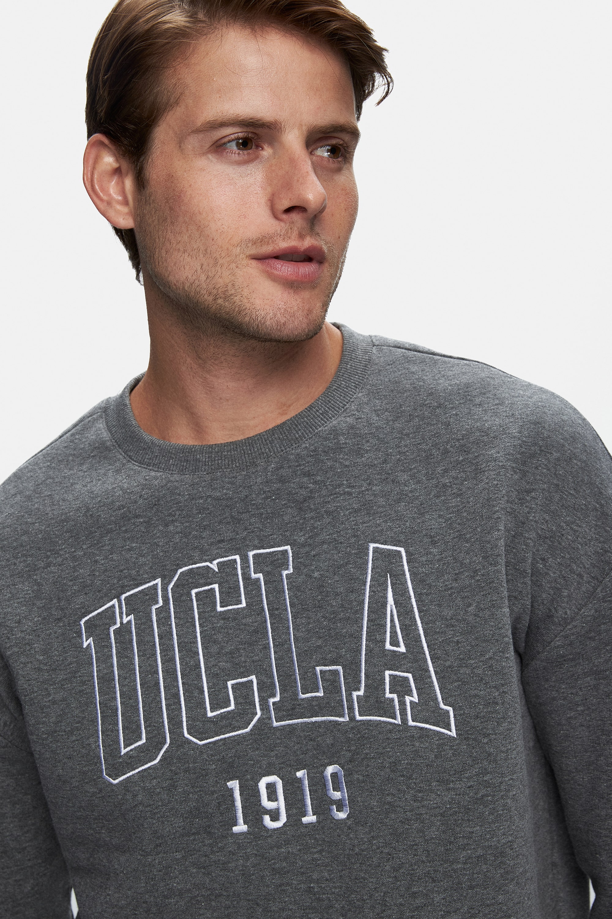 SANDHILL Koyu Gri Bisiklet Yaka Nakışlı Şardonlu Loose Fit Erkek Sweatshirt