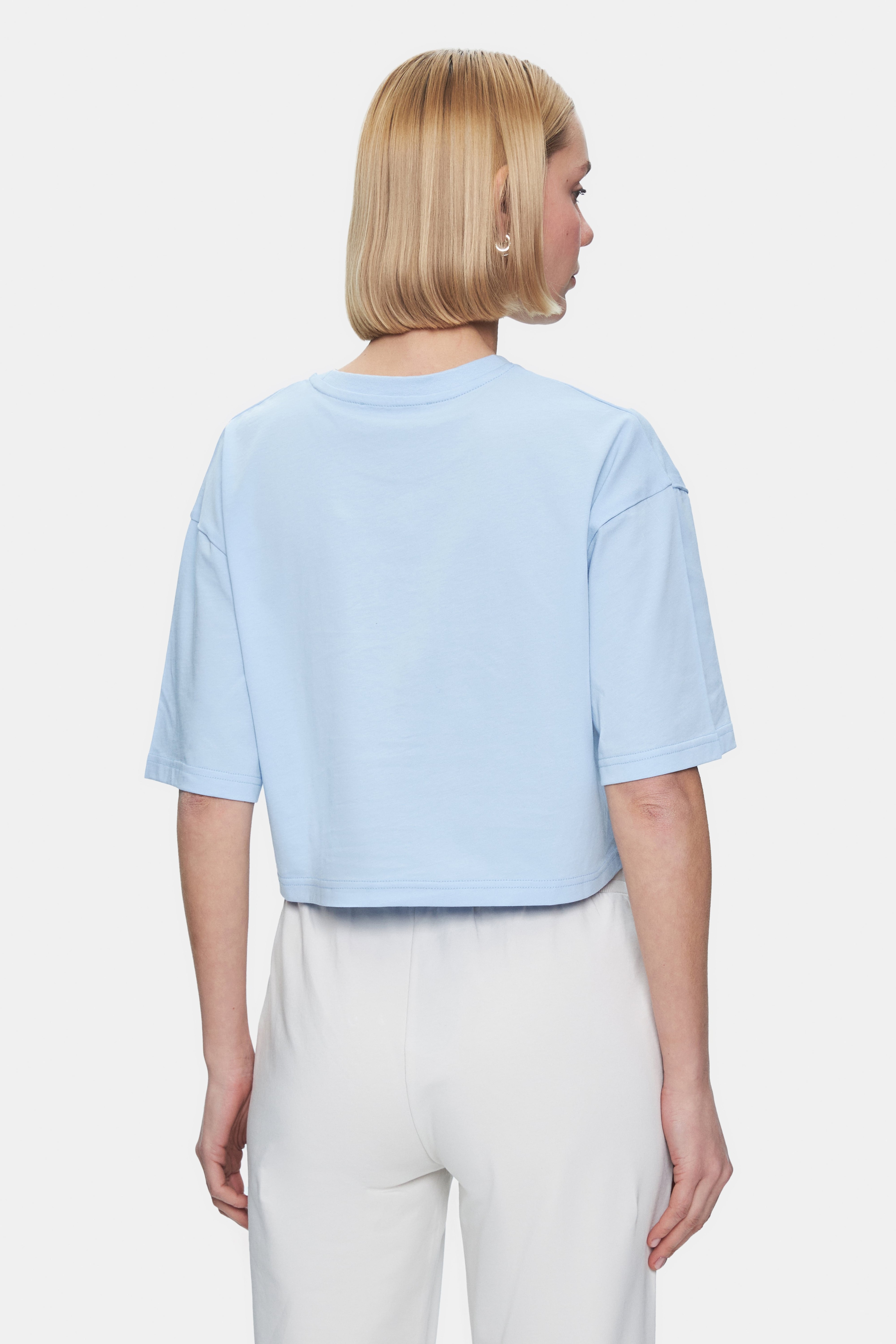 HELENA Gök Mavi Bisiklet Yaka Nakışlı Oversize Kadın Tshirt