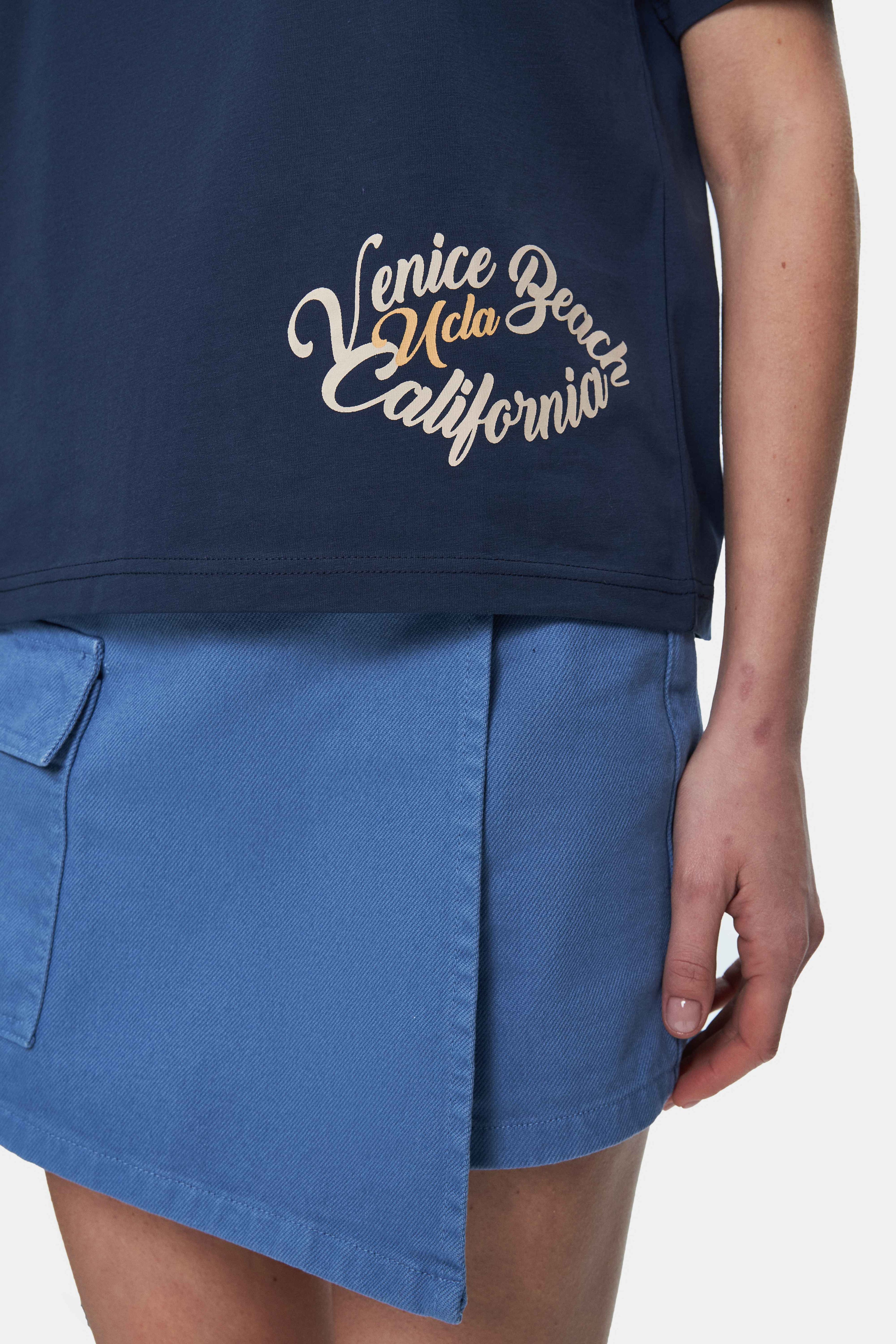 ODETTE Lacivert Bisiklet Yaka Varak Baskılı Loose Fit Kadın Tshirt