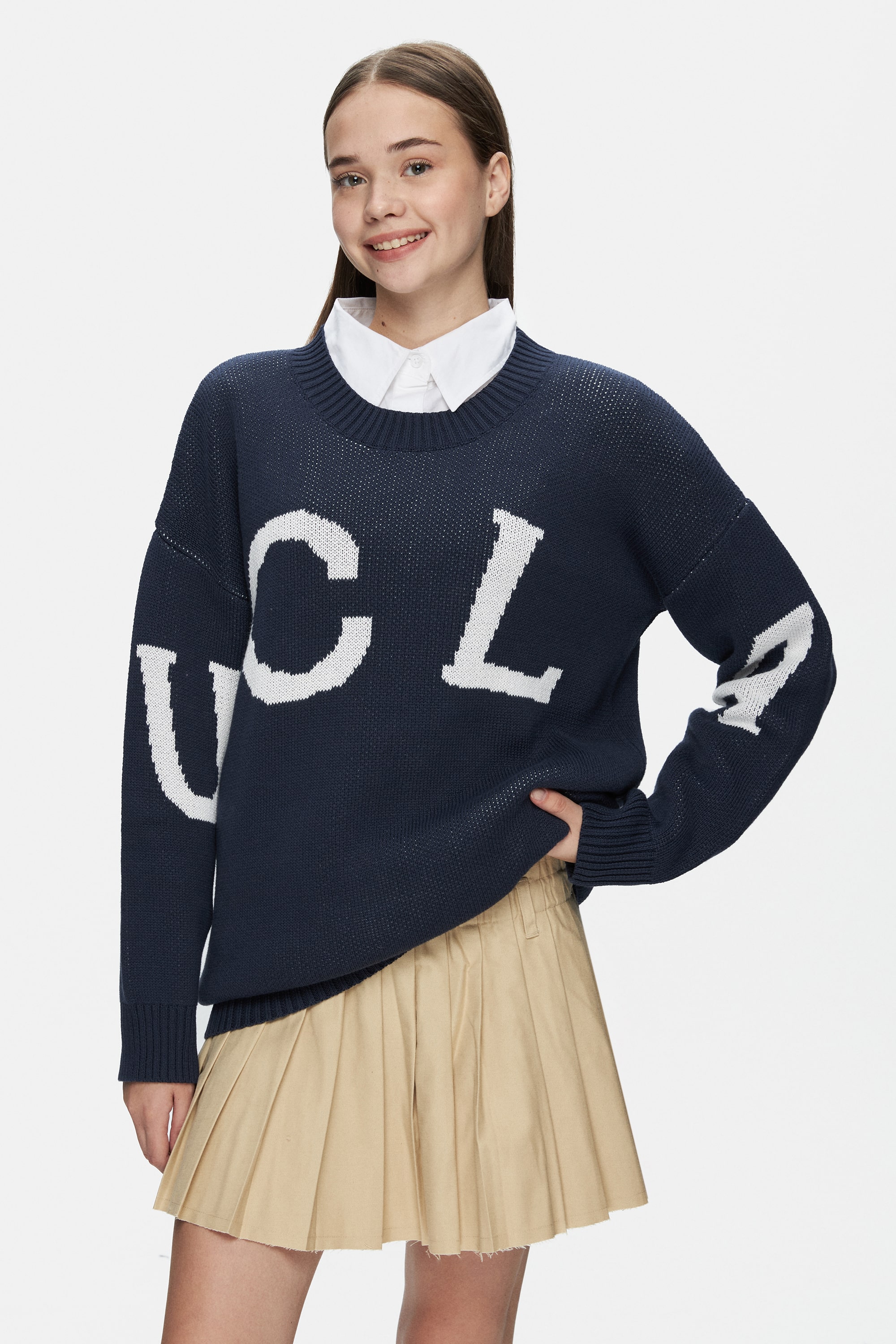 LIMAS Lacivert Bisiklet Yaka Jakarlı Oversize Kadın Triko