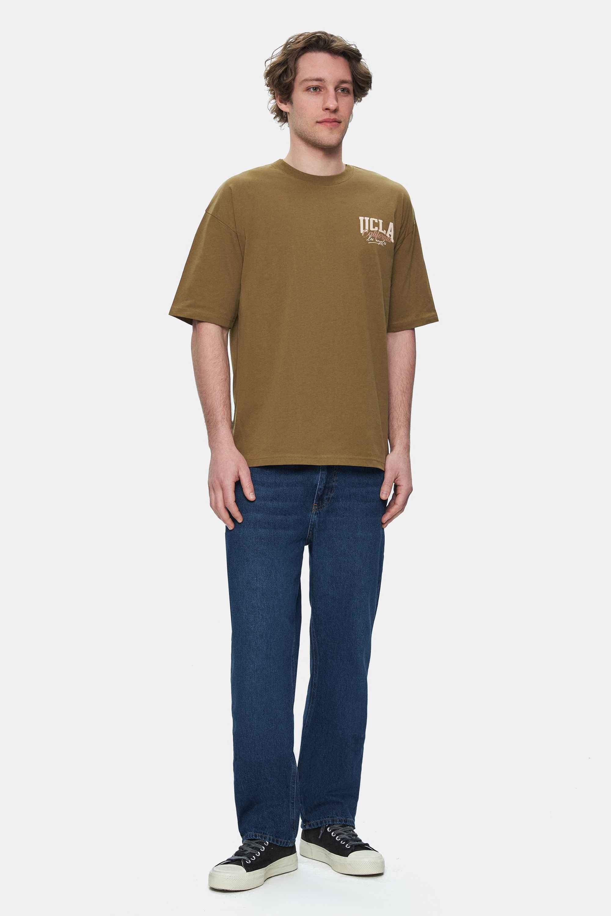ASPEN Koyu Yeşil Bisiklet Yaka Baskılı Oversize Erkek Tshirt