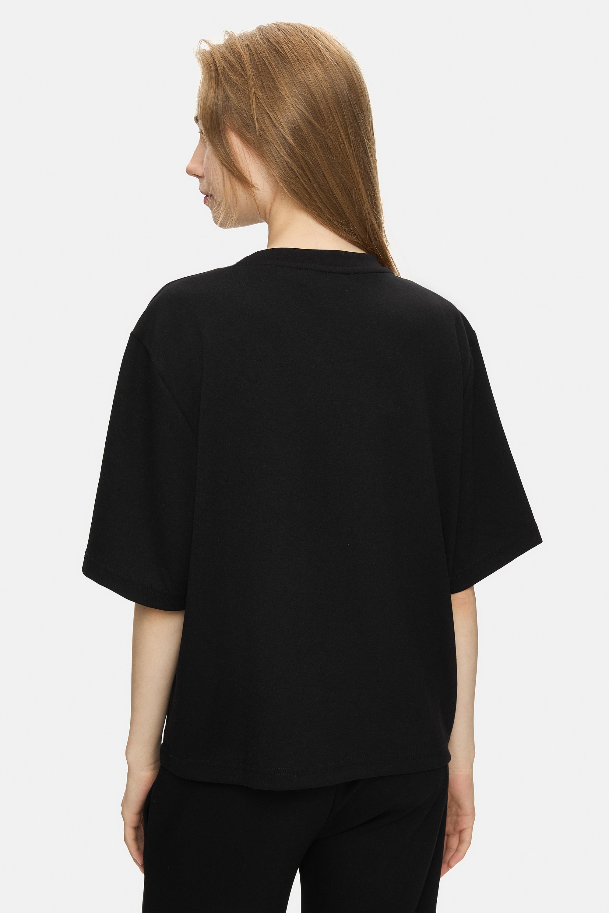 JAYLA Siyah Bisiklet Yaka Gofre Baskı Loose Fit Kadın Tshirt