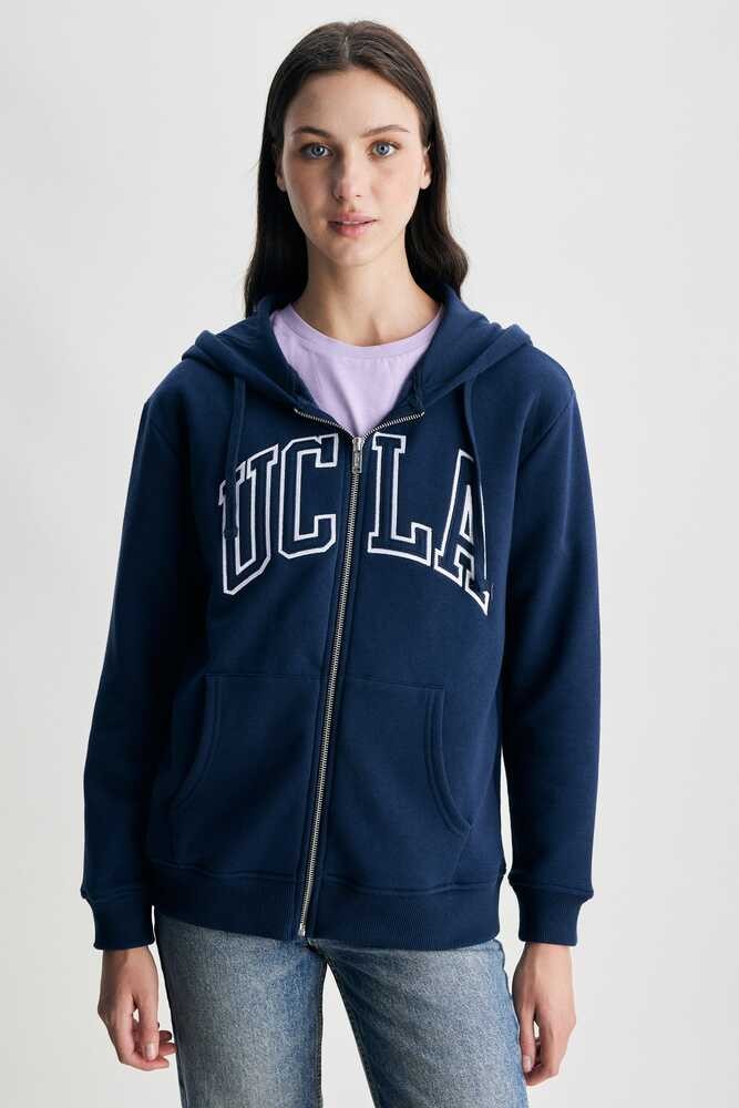 JOYCE Lacivert Kapüşonlu Ve Fermuarlı Aplikeli Şardonlu Standard Fit Kadın Sweatshirt