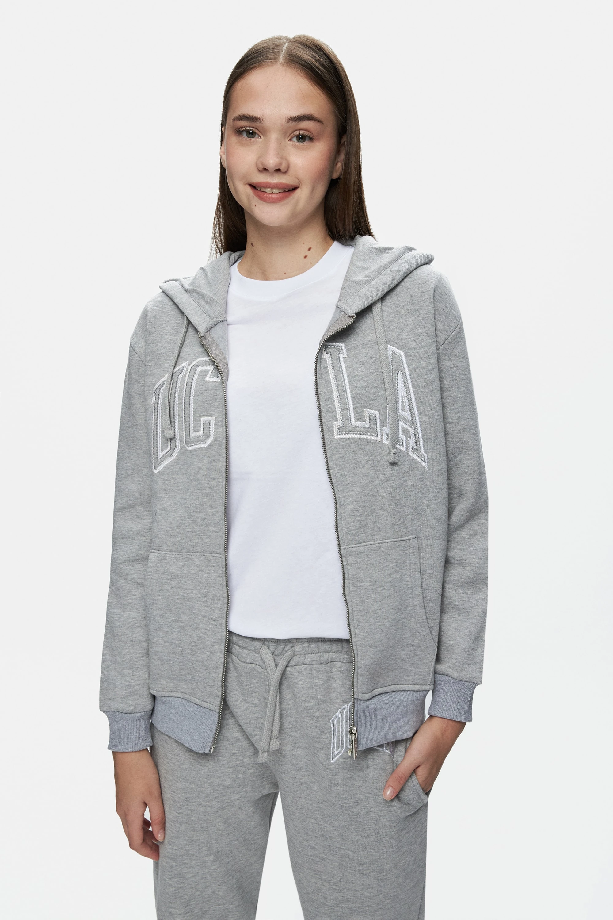 JOYCE Gri Kapüşonlu Ve Fermuarlı Aplikeli Şardonlu Standard Fit Kadın Sweatshirt