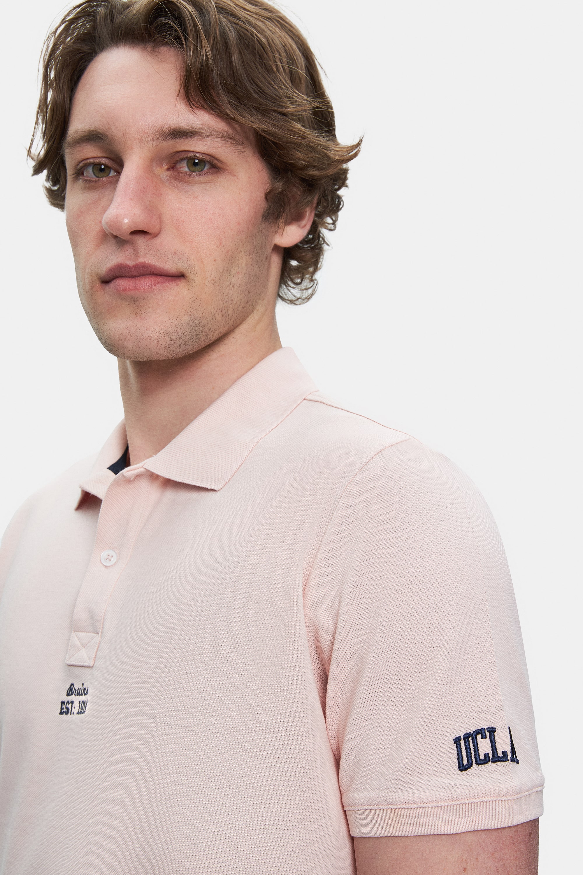QUINTON Toz Pembe Polo Yaka Nakışlı Standard Fit Erkek Tshirt