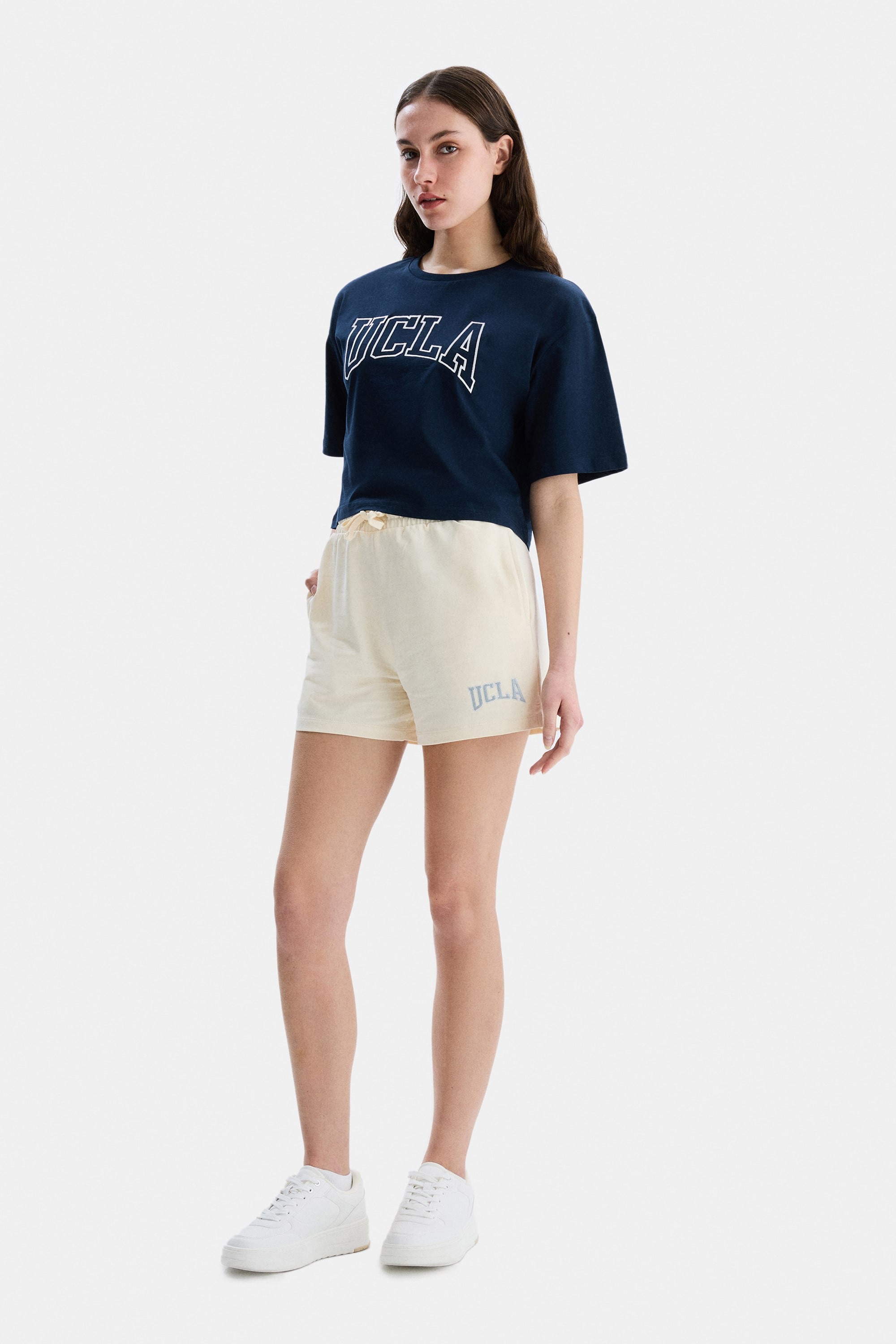 HELENA Lacivert Bisiklet Yaka Crop Nakışlı Oversize Kadın Tshirt