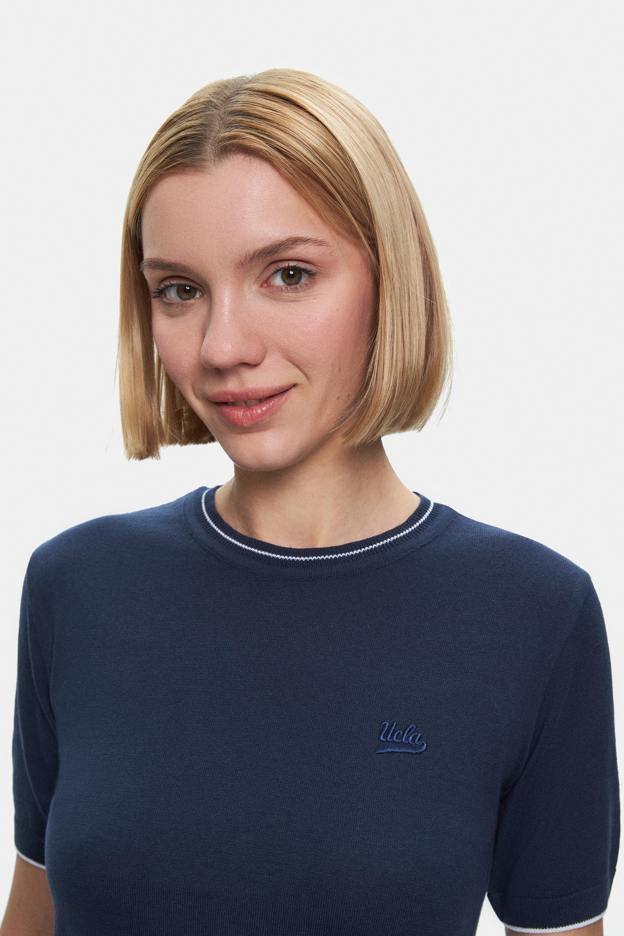 JENNY Lacivert Bisiklet Yaka Triko Nakışlı Standard Fit Kadın Tshirt
